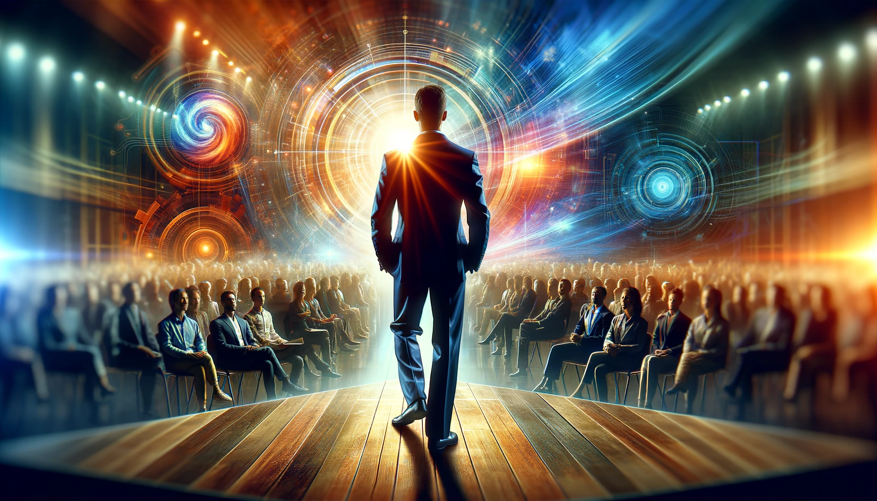 Um close cinematográfico de um palestrante engajado em uma apresentação, com um público atento e um cenário moderno e inovador ao fundo. As cores vibrantes ressaltam a importância do foco no cliente nas estratégias de marketing.