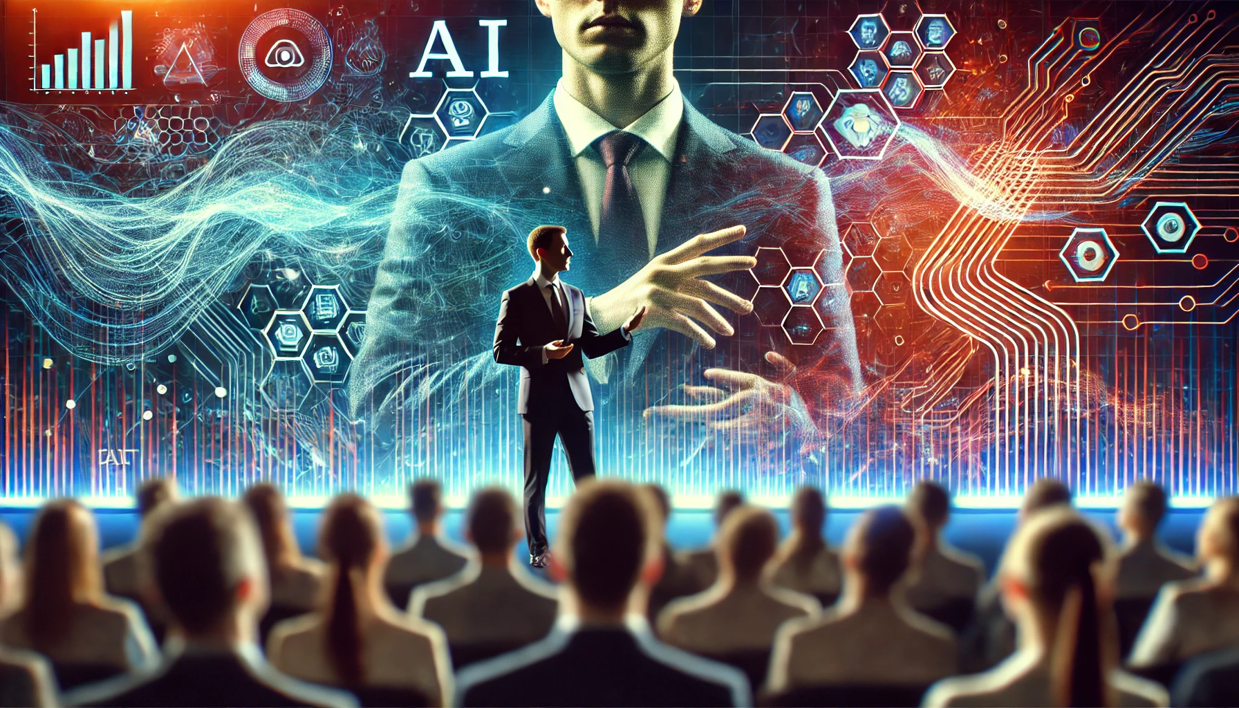 Palestrante apresentando habilidades essenciais para prosperar na era da IA, em um palco com gráficos digitais e público atento.