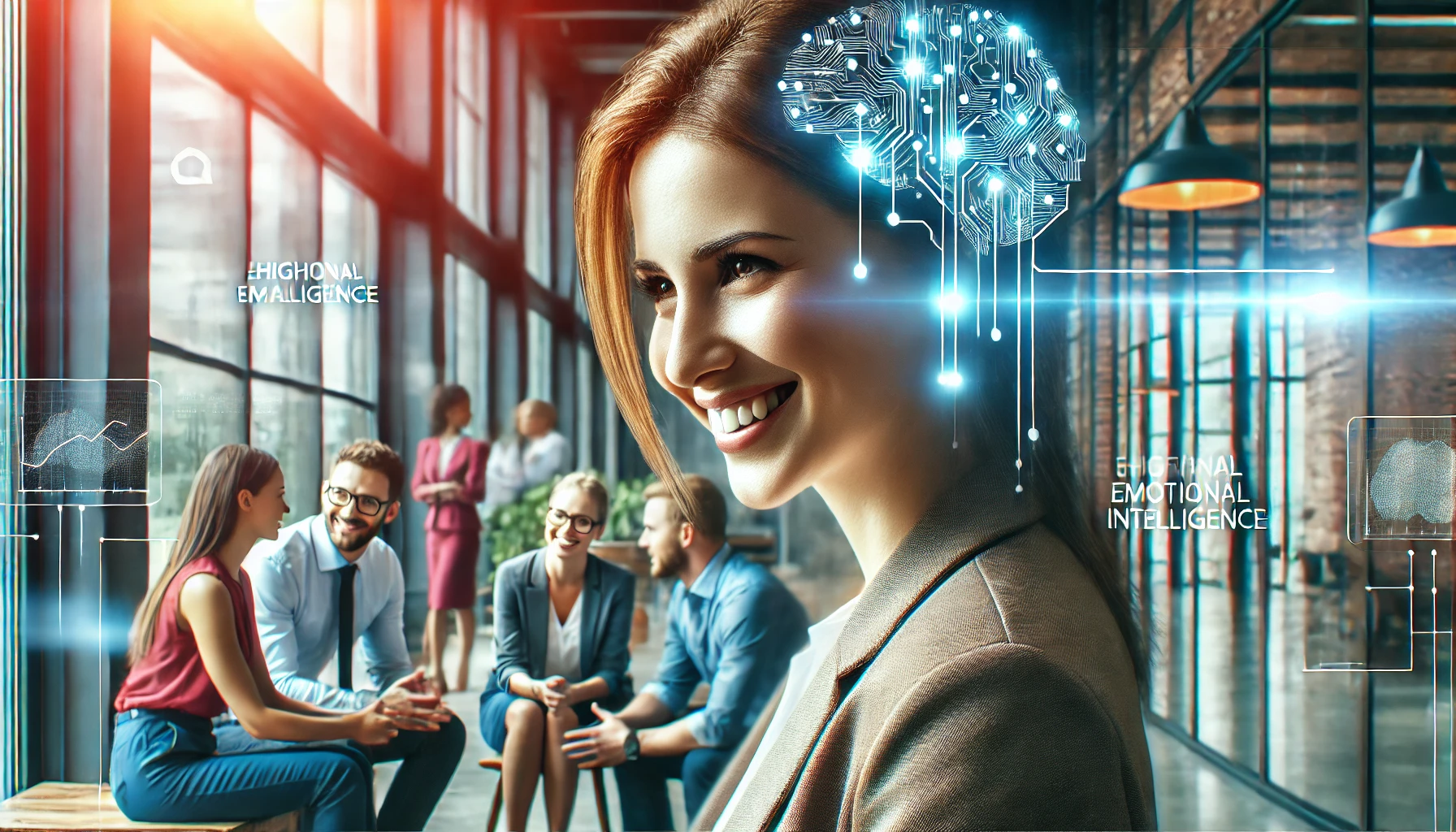 Mulher confiante em um ambiente profissional, simbolizando inteligência emocional e alta performance.
