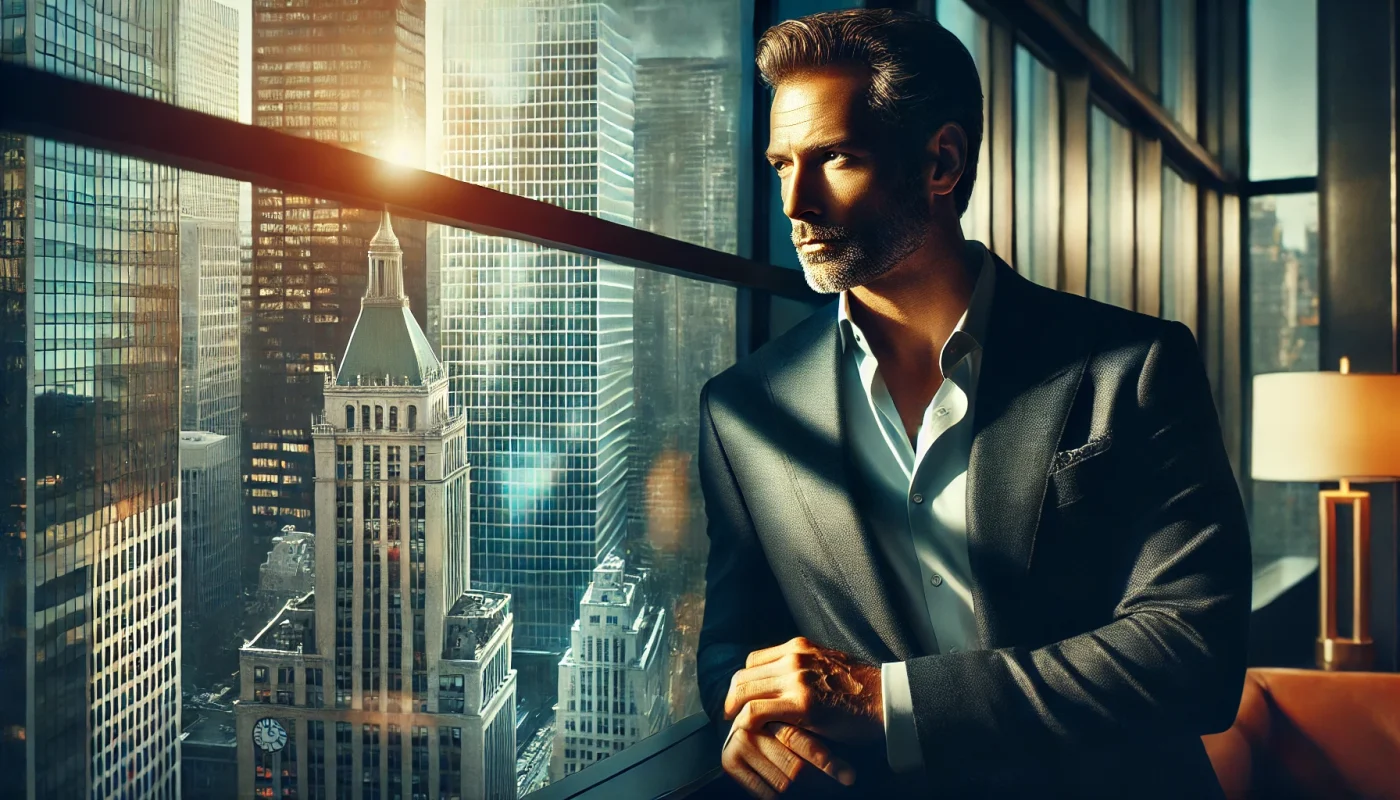 Imagem cinematográfica de um líder empresarial confiante olhando pela janela de um escritório moderno, com um horizonte urbano vibrante ao fundo.