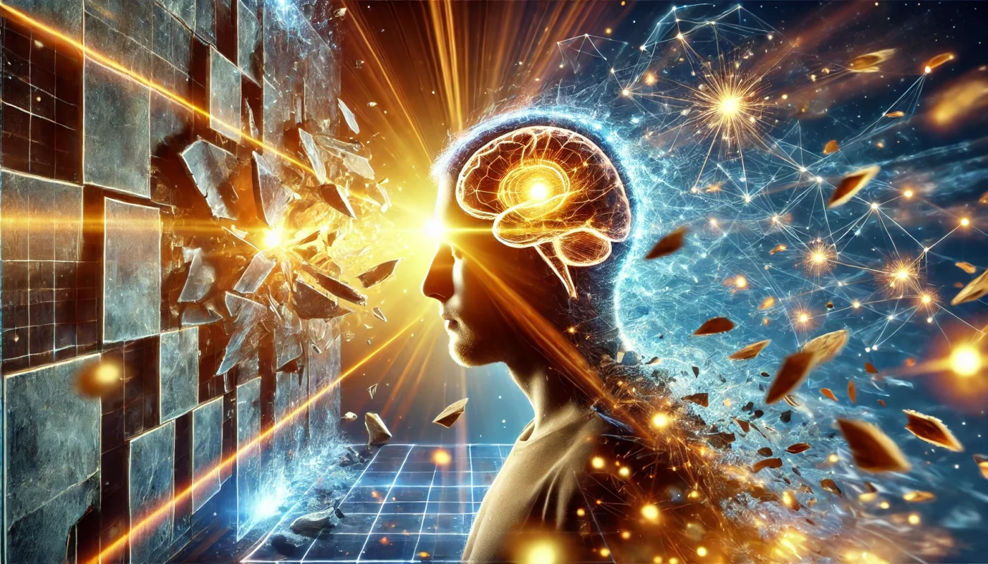 A imagem cinematográfica e hiper-real retrata uma pessoa quebrando barreiras mentais, simbolizando a libertação de limites com a PNL. Ela pode ser usada para enfatizar a transformação e o empoderamento que as técnicas de PNL proporcionam, conectando-se com o tema do artigo de reprogramação mental.