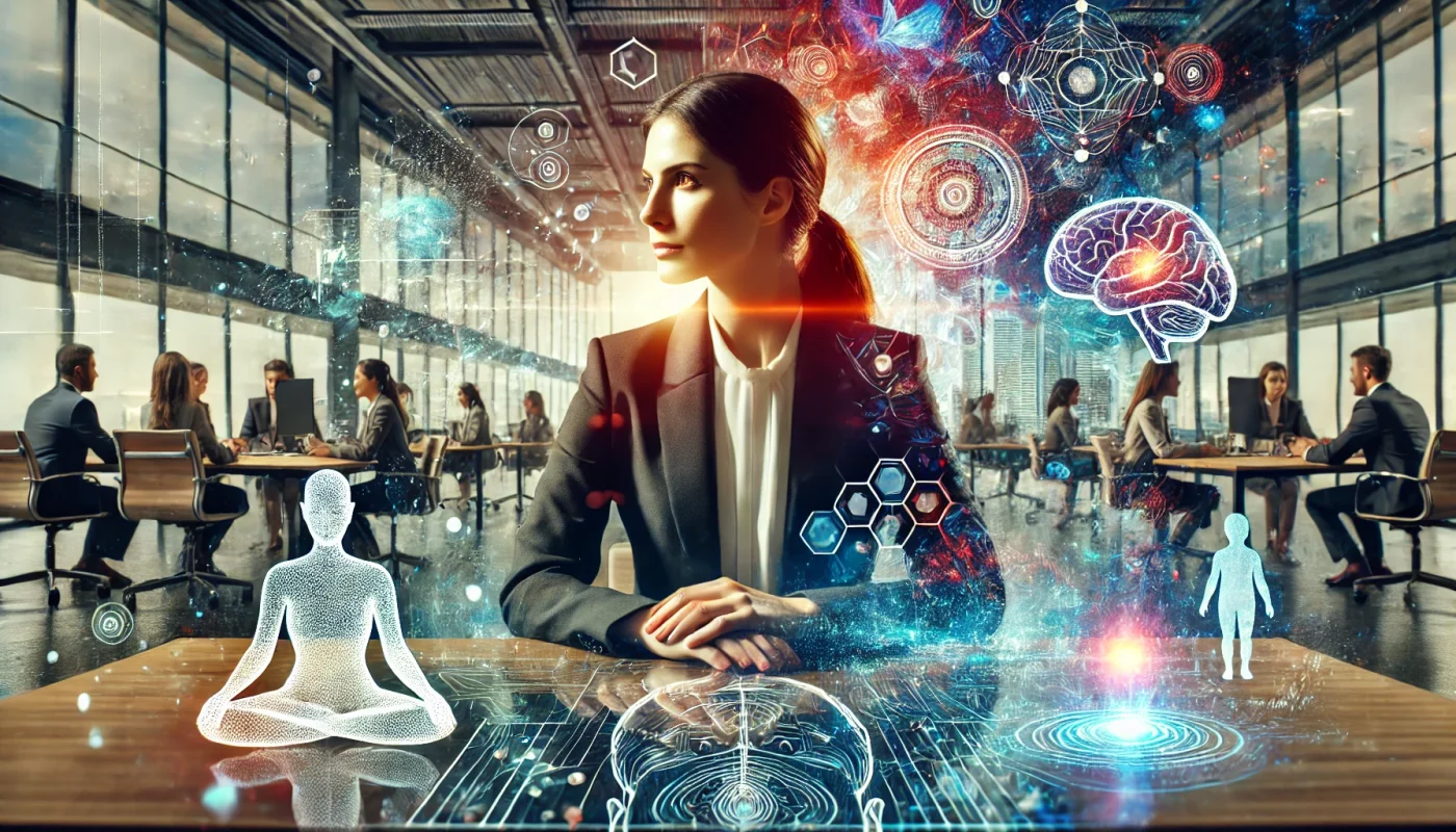 Líder corporativa refletindo em um ambiente de trabalho harmonioso, simbolizando a Reforma Íntima no Ambiente Corporativo.