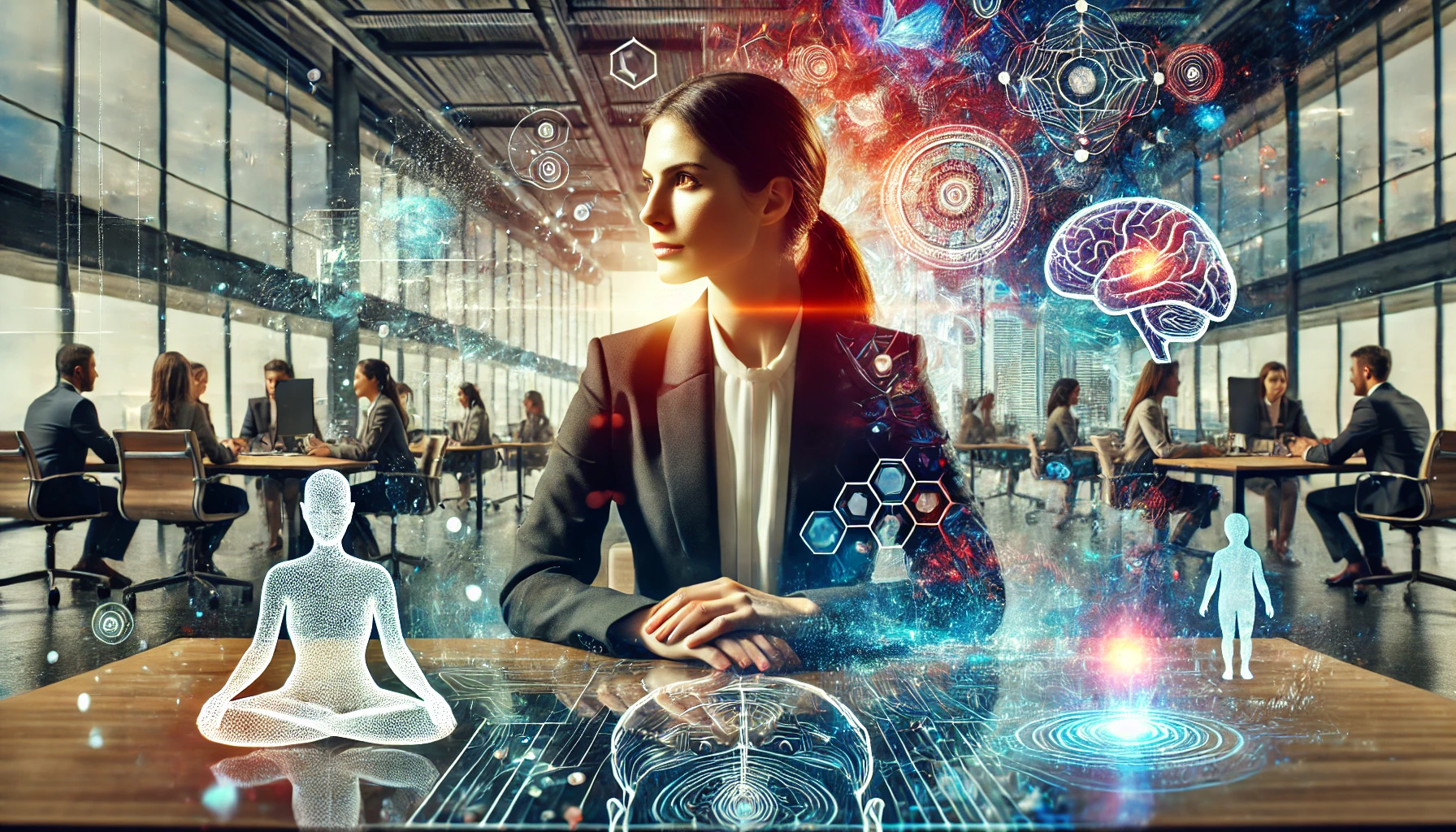 Líder corporativa refletindo em um ambiente de trabalho harmonioso, simbolizando a Reforma Íntima no Ambiente Corporativo.