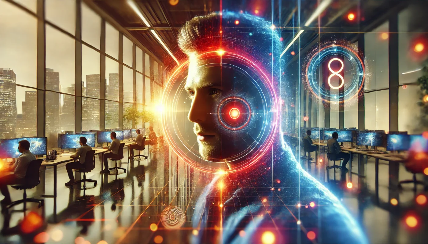 Pessoa em close refletindo sobre motivação e bem-estar no ambiente corporativo, com elementos que representam a Psicologia Positiva.