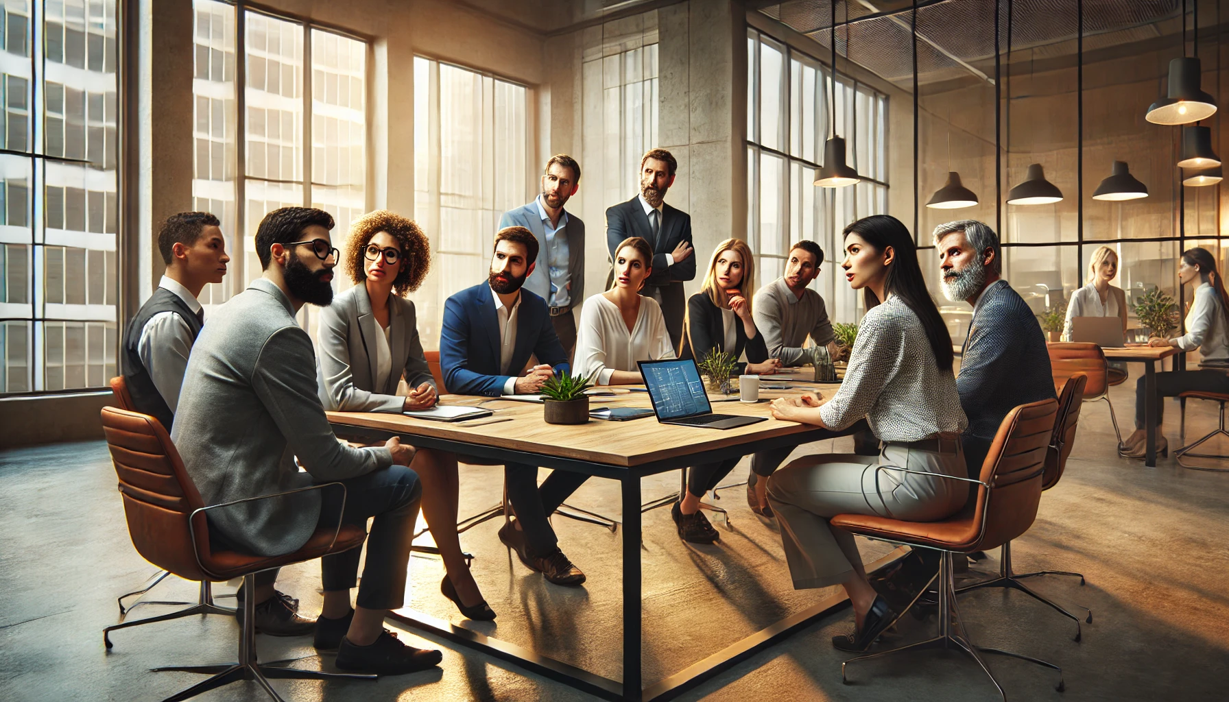 Profissionais em um ambiente de trabalho moderno, demonstrando emoções durante um processo de tomada de decisão.