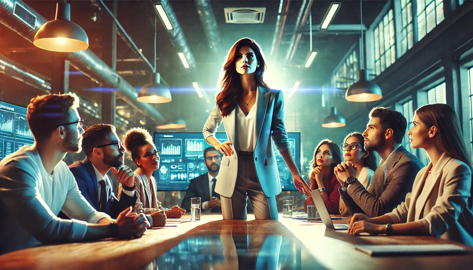 Uma mulher empresária liderando uma reunião com uma equipe diversa em um escritório moderno, simbolizando o impacto do empreendedorismo feminino nas estratégias corporativas e a promoção da alta performance.