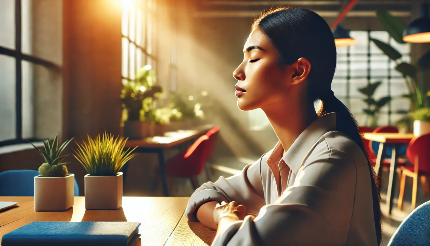 Pessoa em um escritório moderno respirando profundamente, em um momento de pausa para gerenciar suas emoções e melhorar o bem-estar no trabalho.