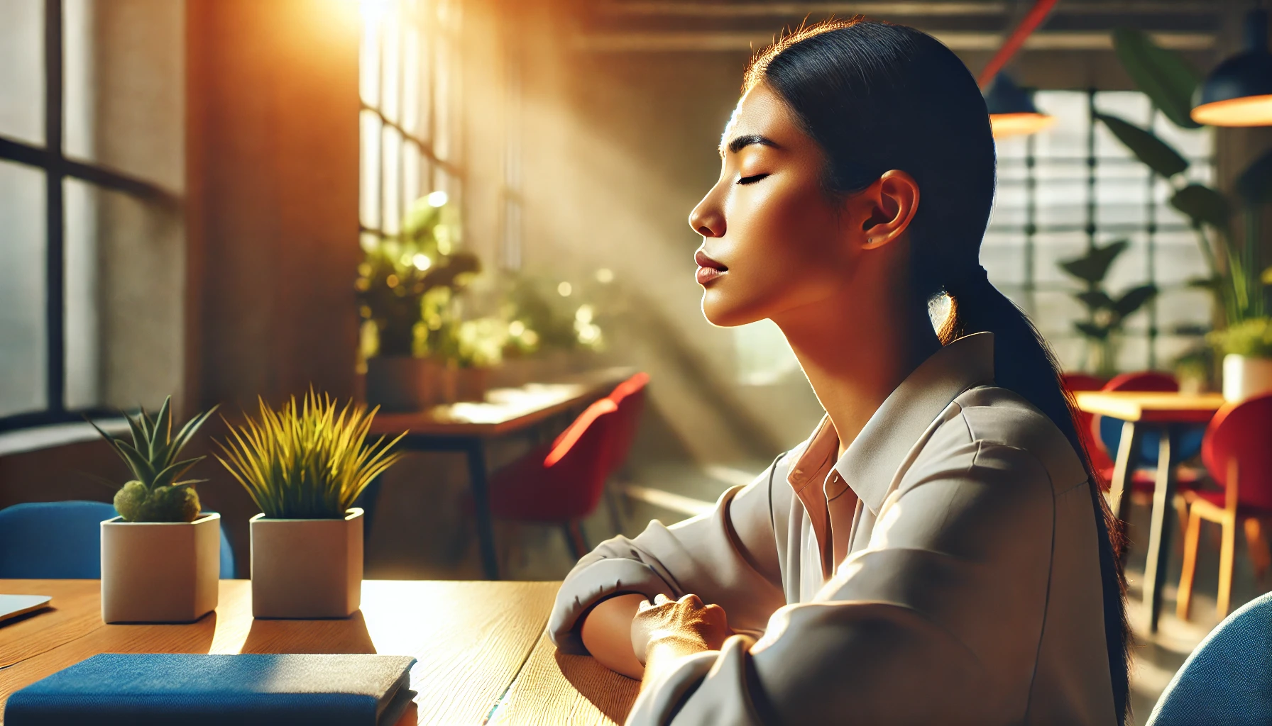 Pessoa em um escritório moderno respirando profundamente, em um momento de pausa para gerenciar suas emoções e melhorar o bem-estar no trabalho.