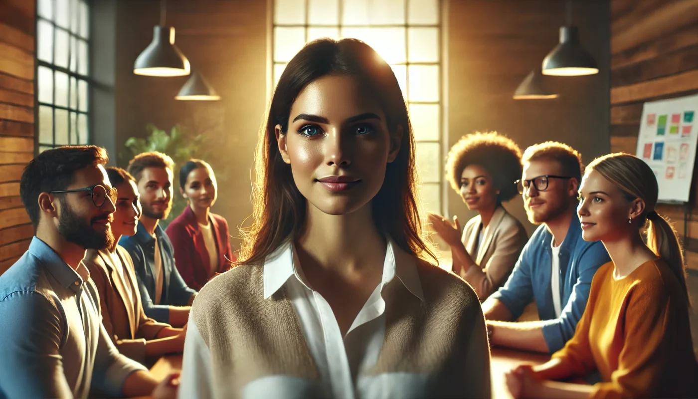 Close cinematográfico de uma líder autêntica, em uma sala de reuniões, expressando empatia e transparência com sua equipe, com destaque para a conexão significativa entre os membros.