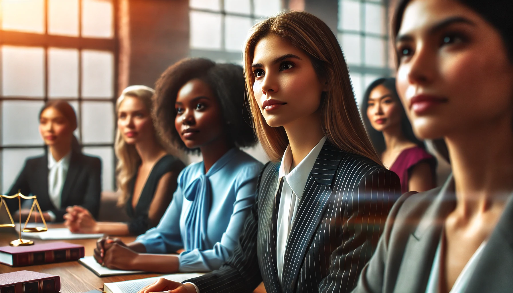 Close-up de um grupo diverso de mulheres profissionais do direito em um escritório moderno, demonstrando liderança sistêmica através de expressões de foco e determinação durante uma discussão.