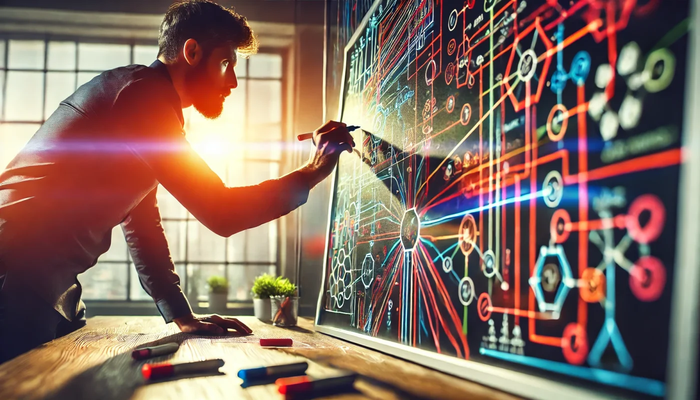 Plano de ação eficaz sendo mapeado em um quadro estratégico, utilizando técnicas de planejamento e mapeamento de metas.