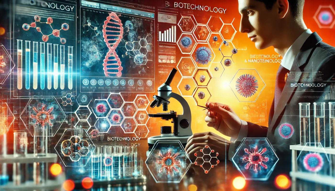 Pesquisador em laboratório de alta tecnologia trabalhando com aplicações de biotecnologia e nanotecnologia, exibindo estruturas moleculares em tela holográfica.