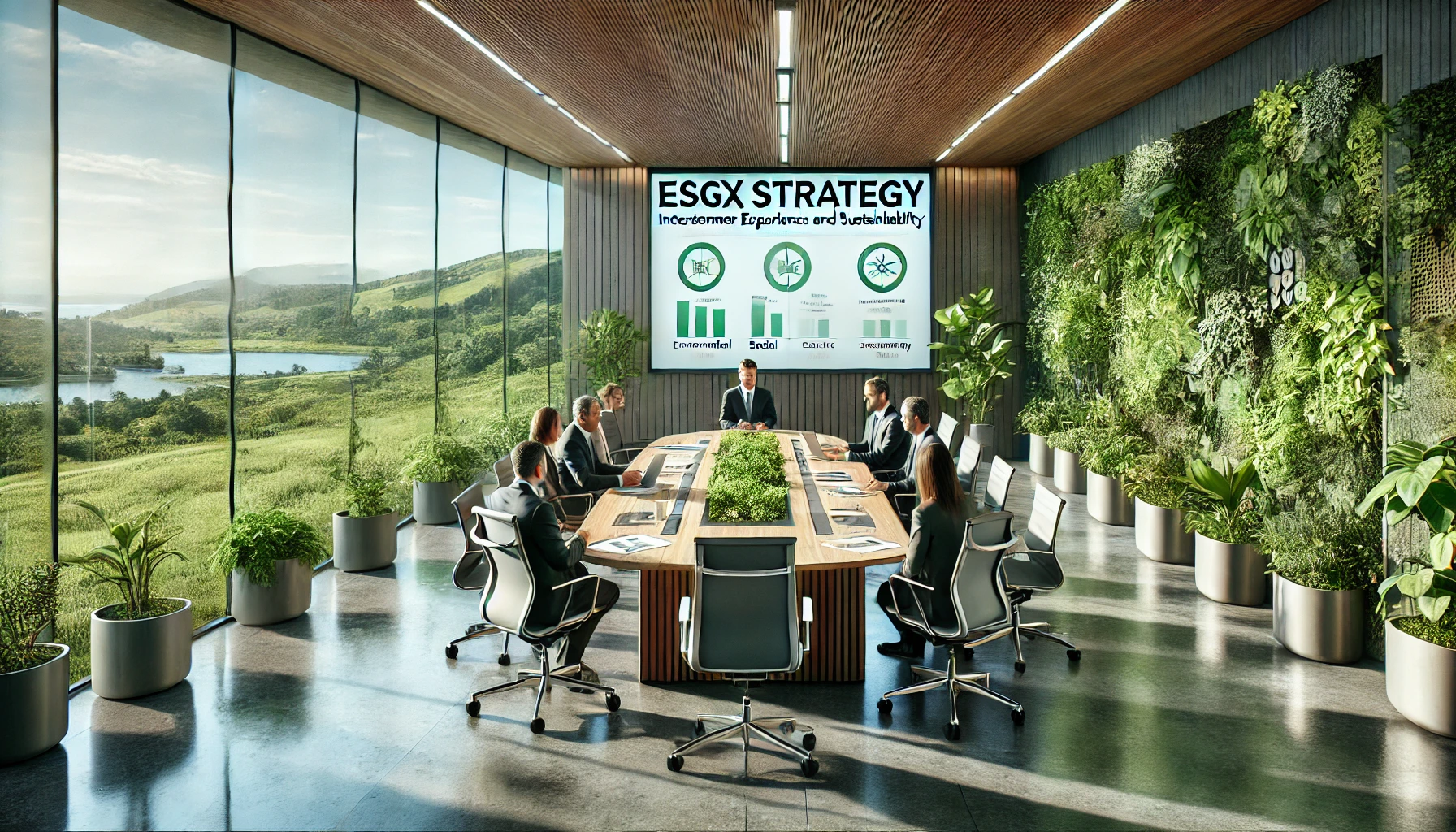 Sala de reunião moderna com elementos sustentáveis e executivos discutindo estratégias de ESGX, destacando integração entre sustentabilidade e experiência do cliente.