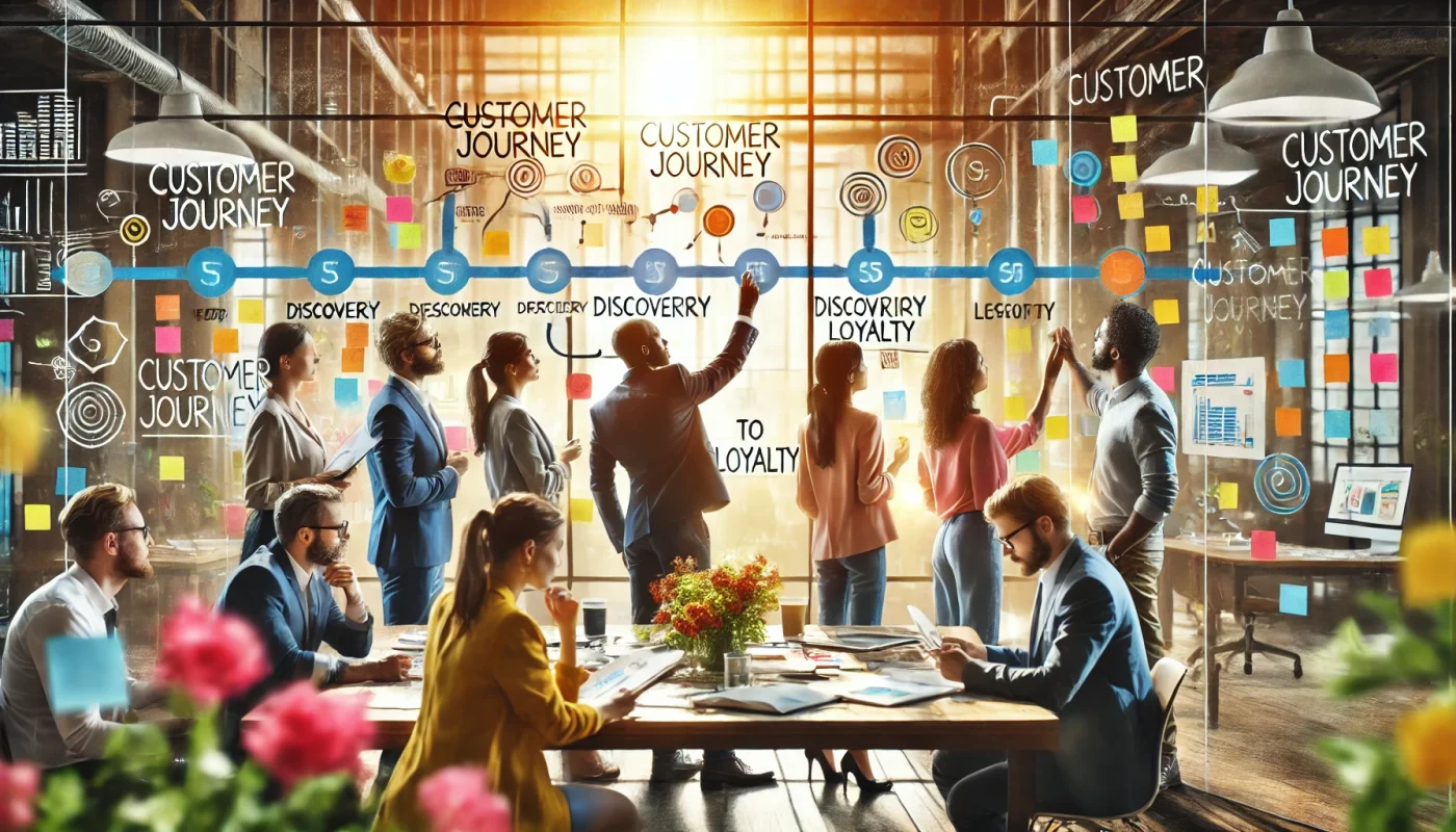 Profissionais analisando etapas da jornada do cliente em um ambiente colaborativo, focados no aumento de vendas e fidelização.