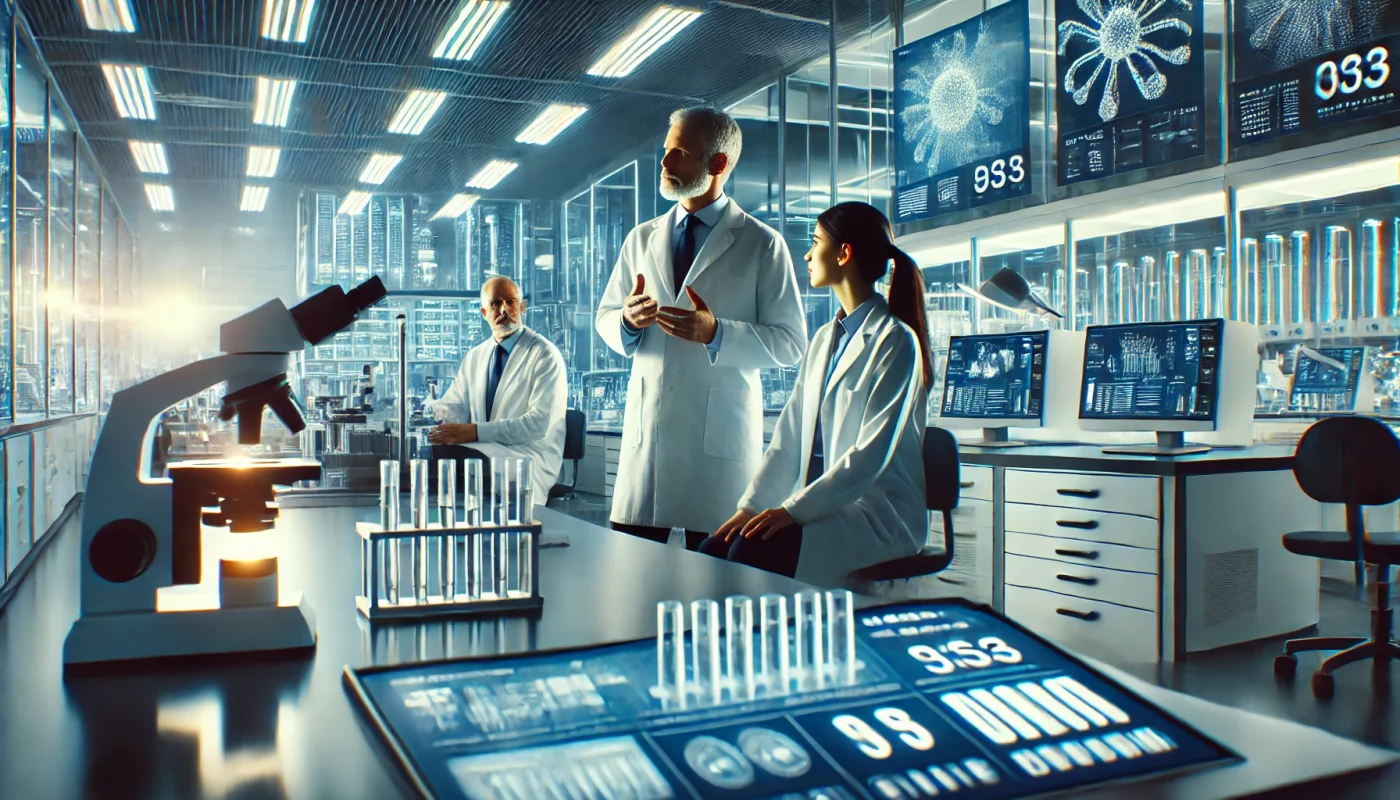 Cientistas discutindo inovação em um laboratório de biotecnologia com equipamentos modernos, simbolizando desafios e soluções no setor.