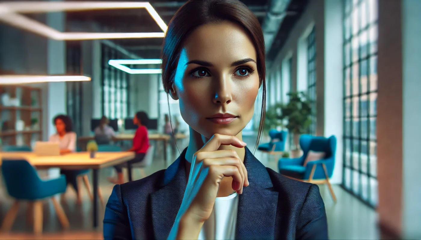Close-up de uma líder feminina refletindo sobre sua equipe, com expressão de concentração e empatia, em um ambiente de escritório moderno.