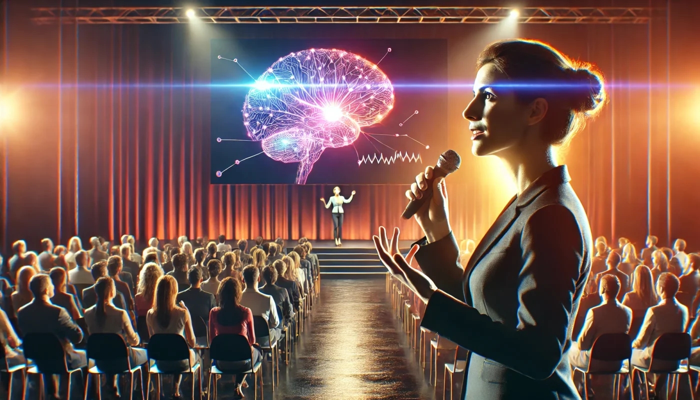 Palestrante falando sobre como a neurociência pode aprimorar a comunicação na liderança, com uma plateia atenta em um auditório iluminado, exibindo um diagrama neural em sua apresentação.