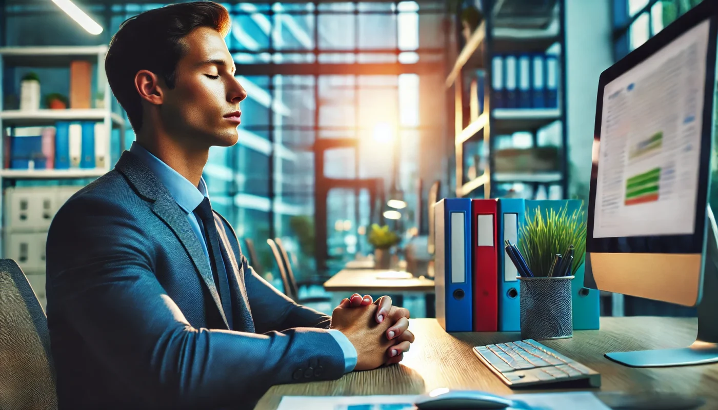Profissional praticando respiração consciente no ambiente corporativo, usando uma técnica simples para reduzir o estresse e aumentar a clareza mental.