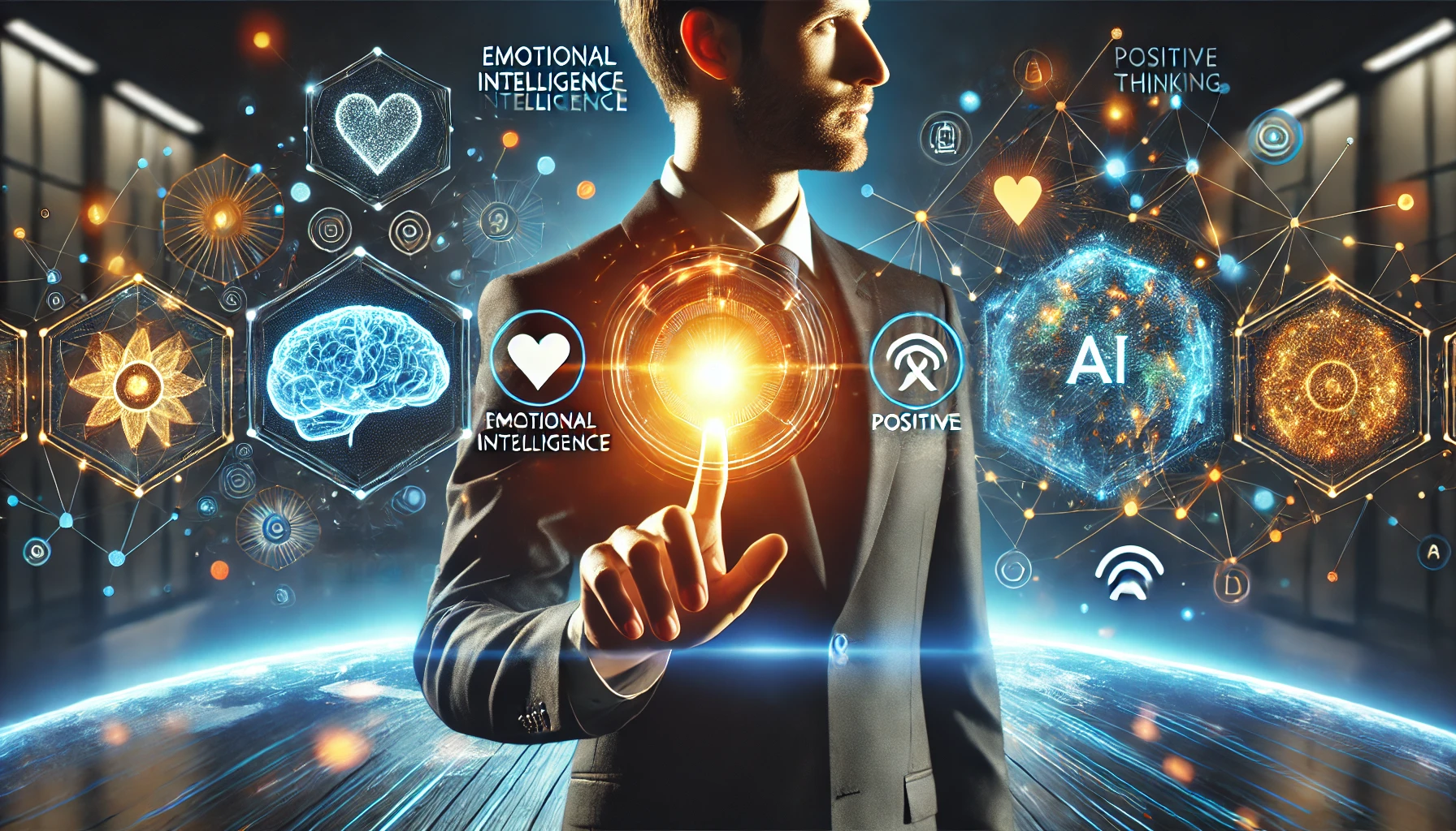 Close-up de um profissional destacando-se no mercado de trabalho, interagindo com símbolos de inteligência emocional, pensamento positivo e inteligência artificial em um ambiente de escritório vibrante