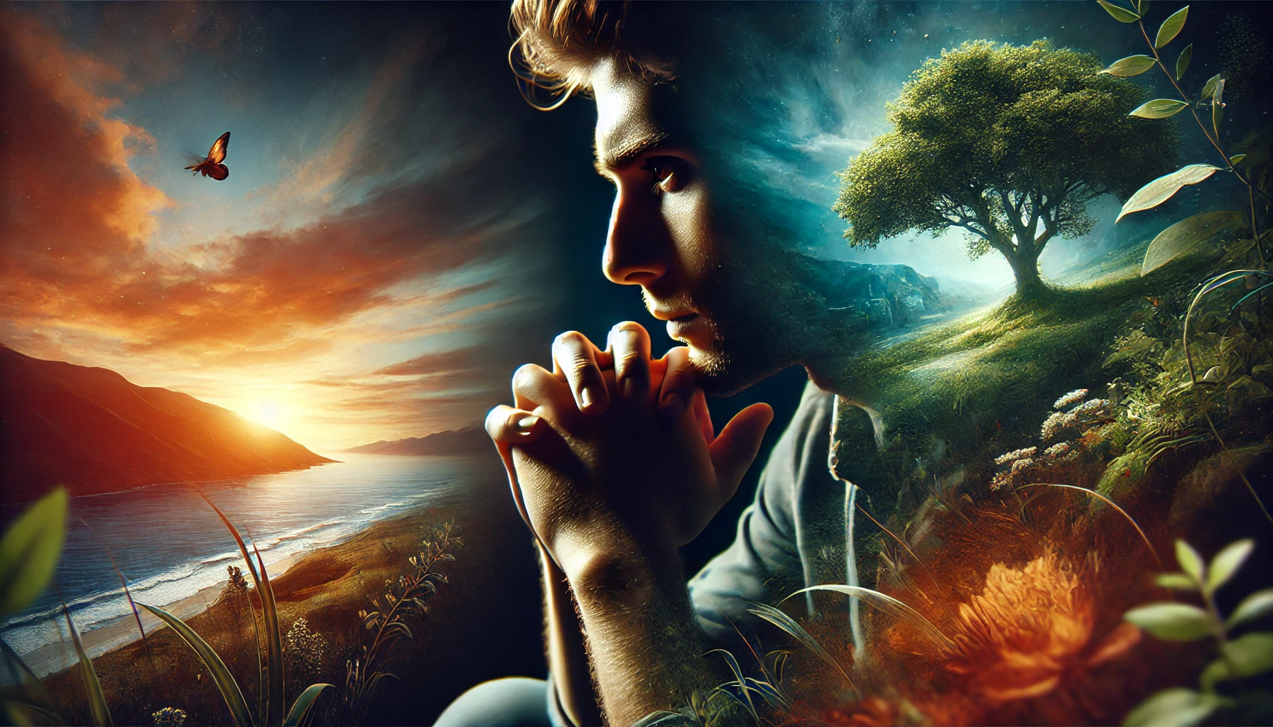 Uma pessoa em close-up, refletindo profundamente, com paisagem vibrante ao fundo, simbolizando a jornada em busca de propósito de vida.