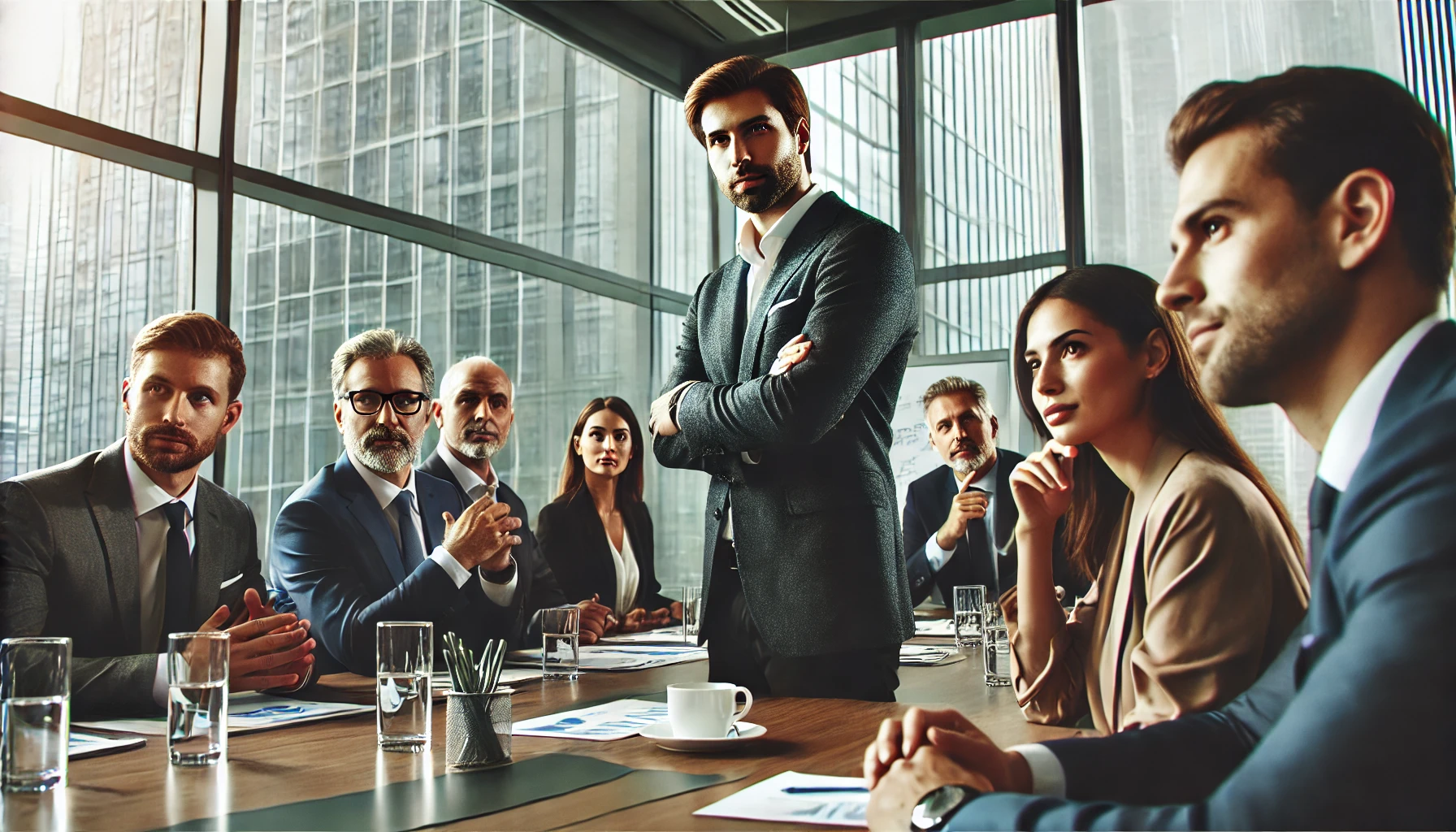 "Líder corporativo em reunião estratégica com equipe diversa em sala de conferências, representando diferentes estilos de liderança e colaboração em ambiente empresarial."