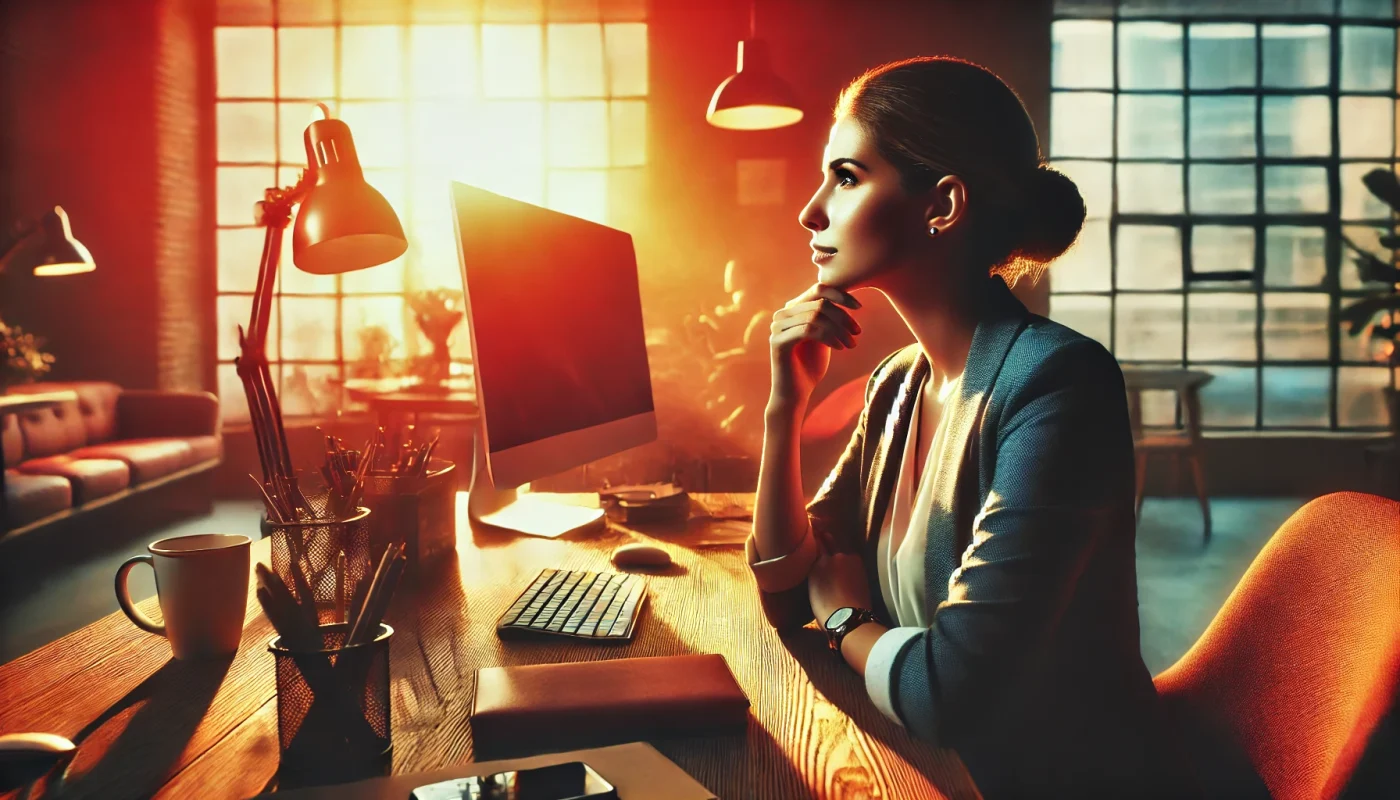 Mulher refletindo sobre seu propósito de vida em um ambiente corporativo, buscando equilíbrio entre carreira e realização pessoal.