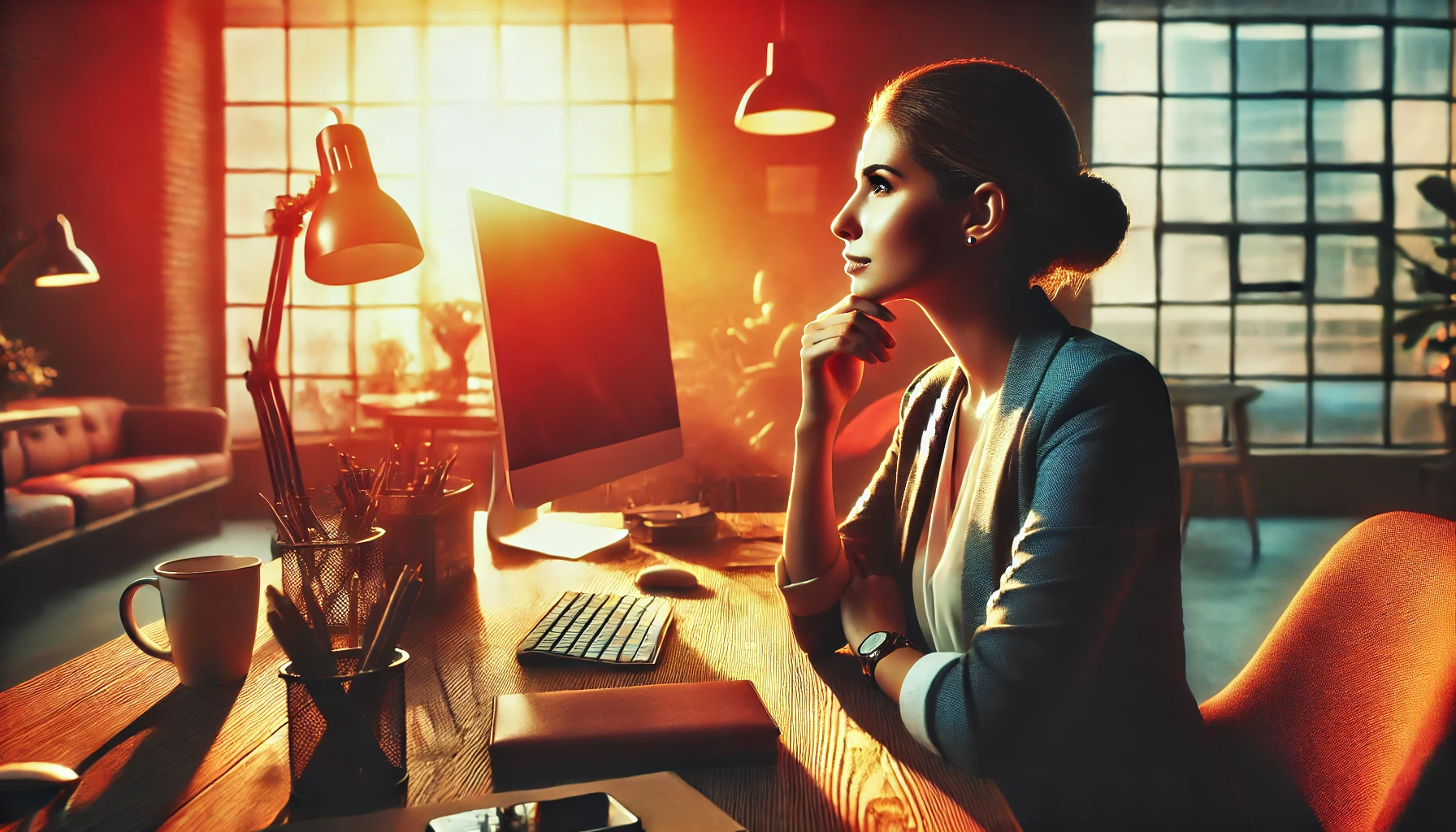 Mulher refletindo sobre seu propósito de vida em um ambiente corporativo, buscando equilíbrio entre carreira e realização pessoal.