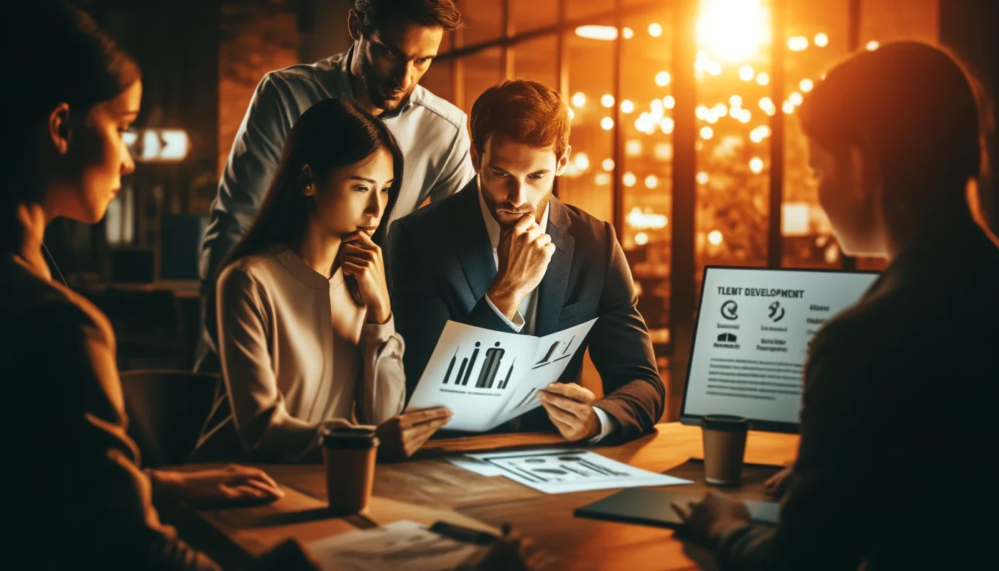 Equipe corporativa em discussão colaborativa sobre desenvolvimento de talentos e habilidades para melhorar o desempenho da equipe, sem texto visível nos documentos.