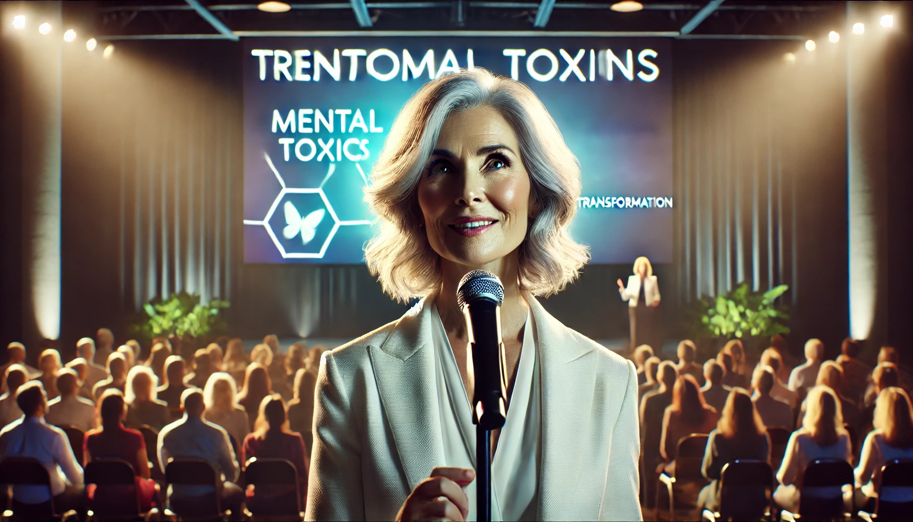 Palestrante mais velha, com cabelo grisalho, discute "Venenos Mentais" em conferência corporativa, destacando a reprogramação mental para melhorar o clima organizacional.