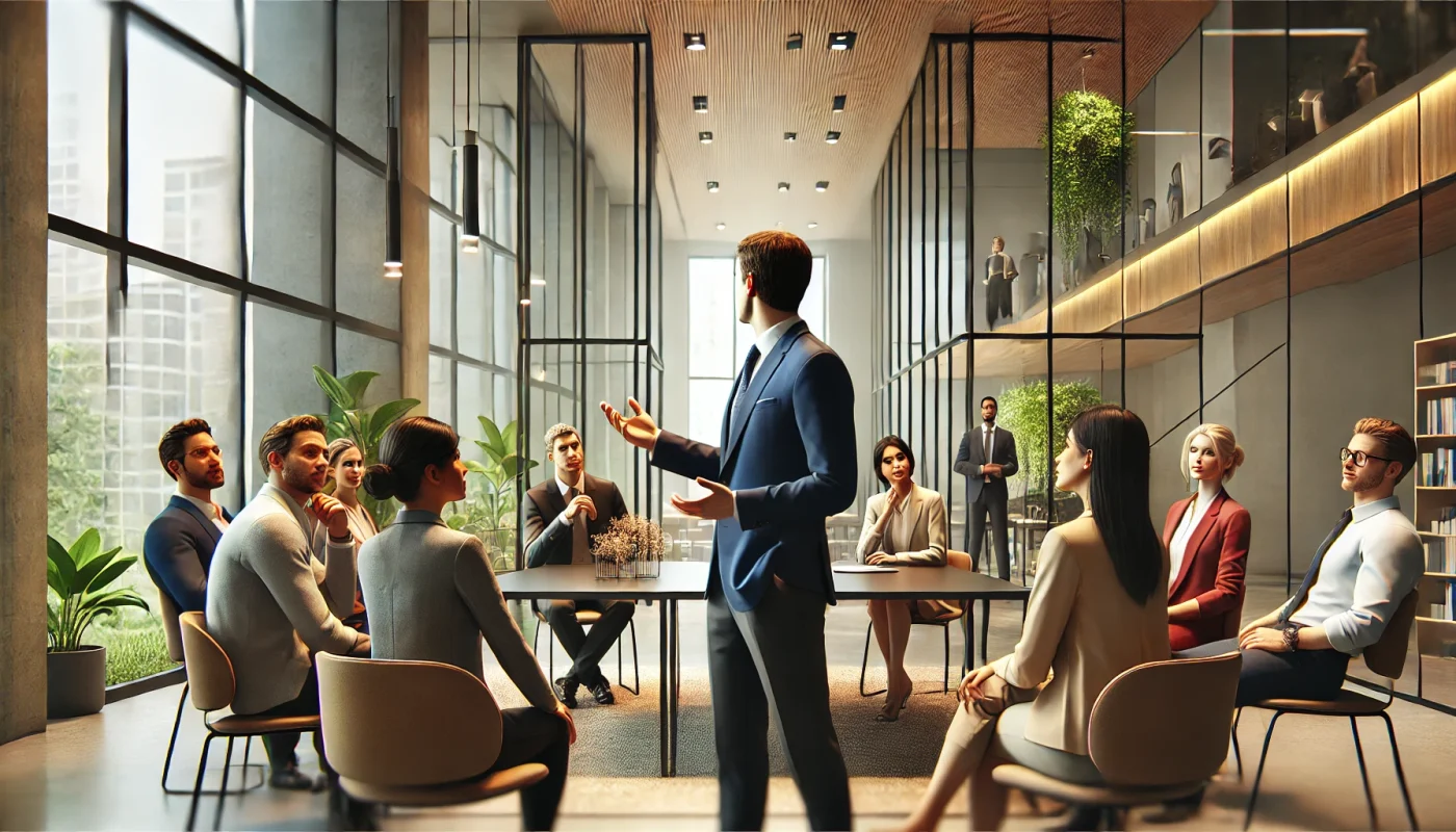Imagem de um líder utilizando estratégias de dominância cerebral para inspirar e conectar sua equipe, em um ambiente de trabalho profissional e acolhedor.