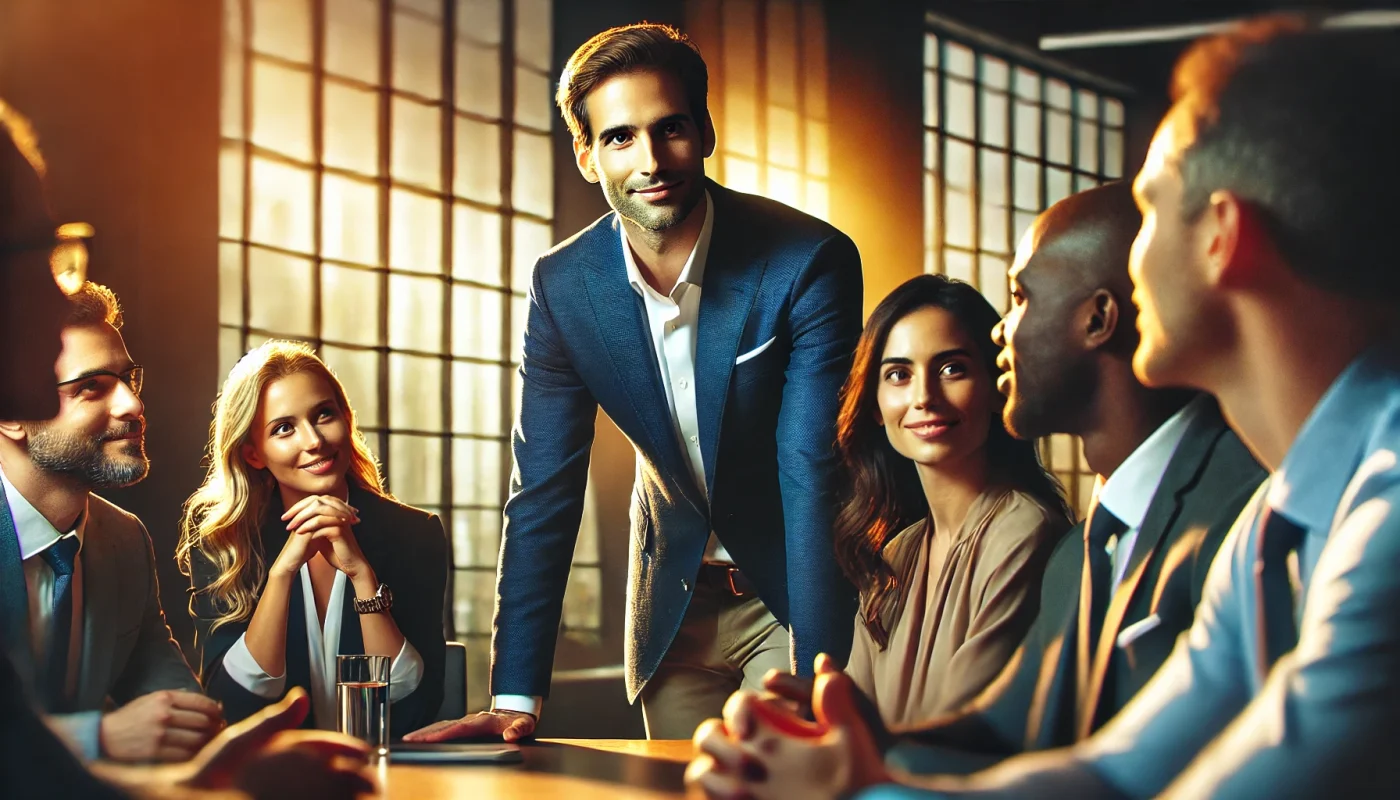 Líder demonstrando empatia durante uma reunião, com equipe engajada em um ambiente corporativo moderno.