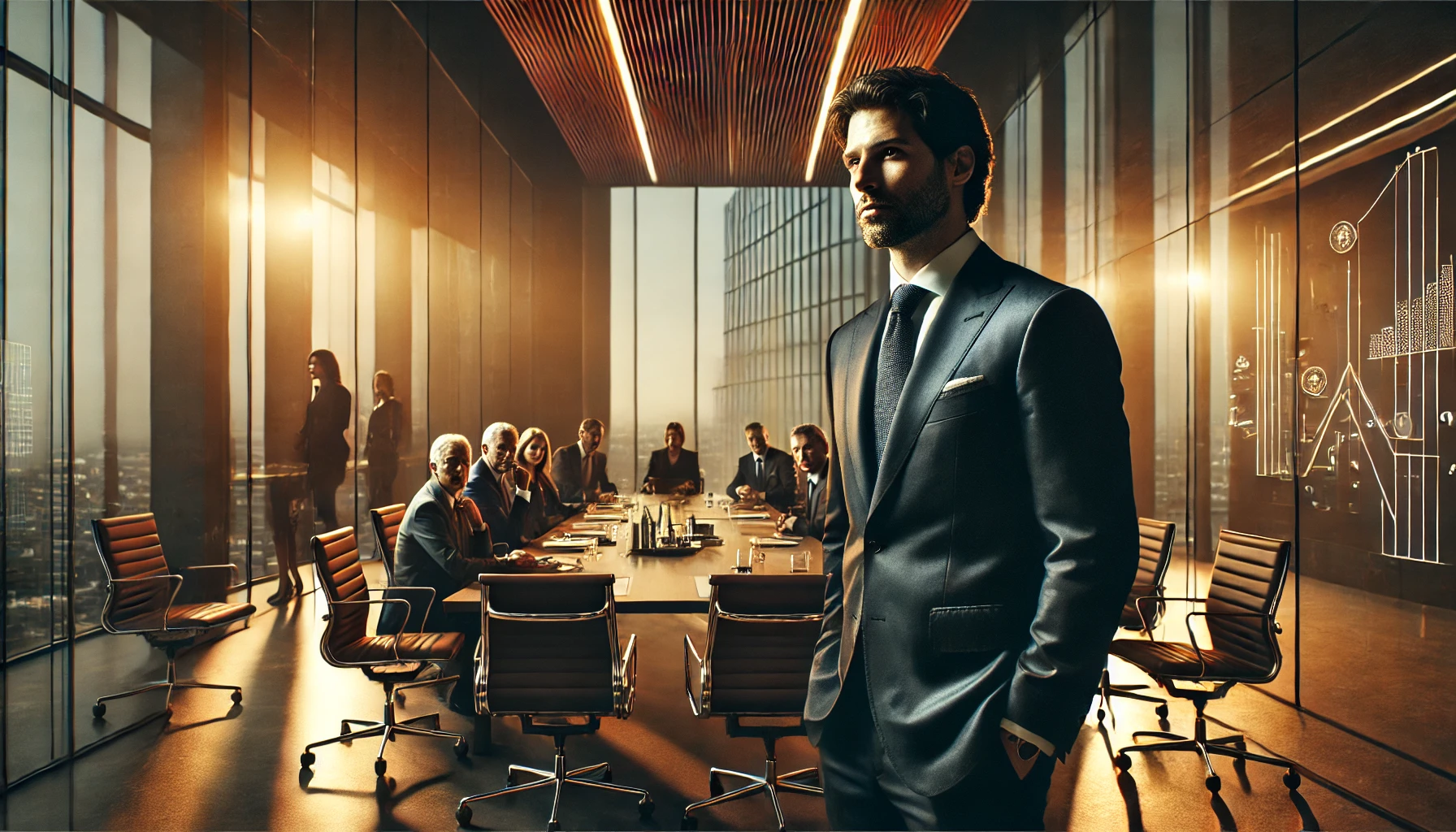 Um líder corporativo reflexivo em uma sala de reuniões moderna, cercado por uma equipe discutindo questões importantes, sugerindo transformação na liderança.