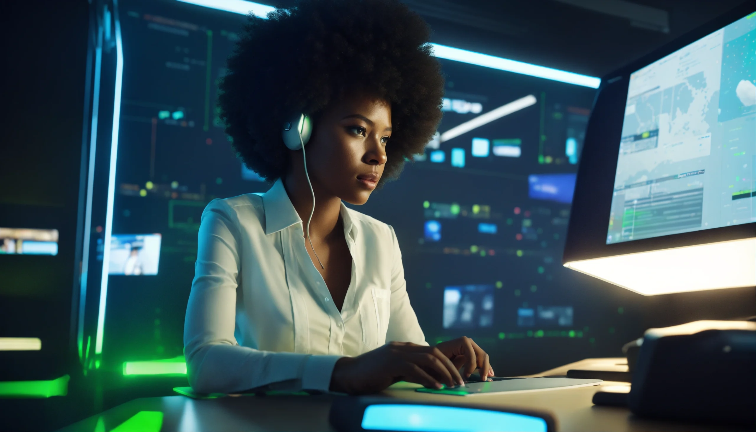 Mulher afro ultra-realista, muito concentrada, vestida com camisa branca, sentada no lado esquerdo do avião em uma mesa moderna de um escritório corporativo, interagindo com um dispositivo de trabalho ou laptop, com telas holográficas com dados, atrás, com um tom de iluminação verde limão e azul celeste. granulação de filme ultrarrealista e sutil, foto premiada, renderização de octanas