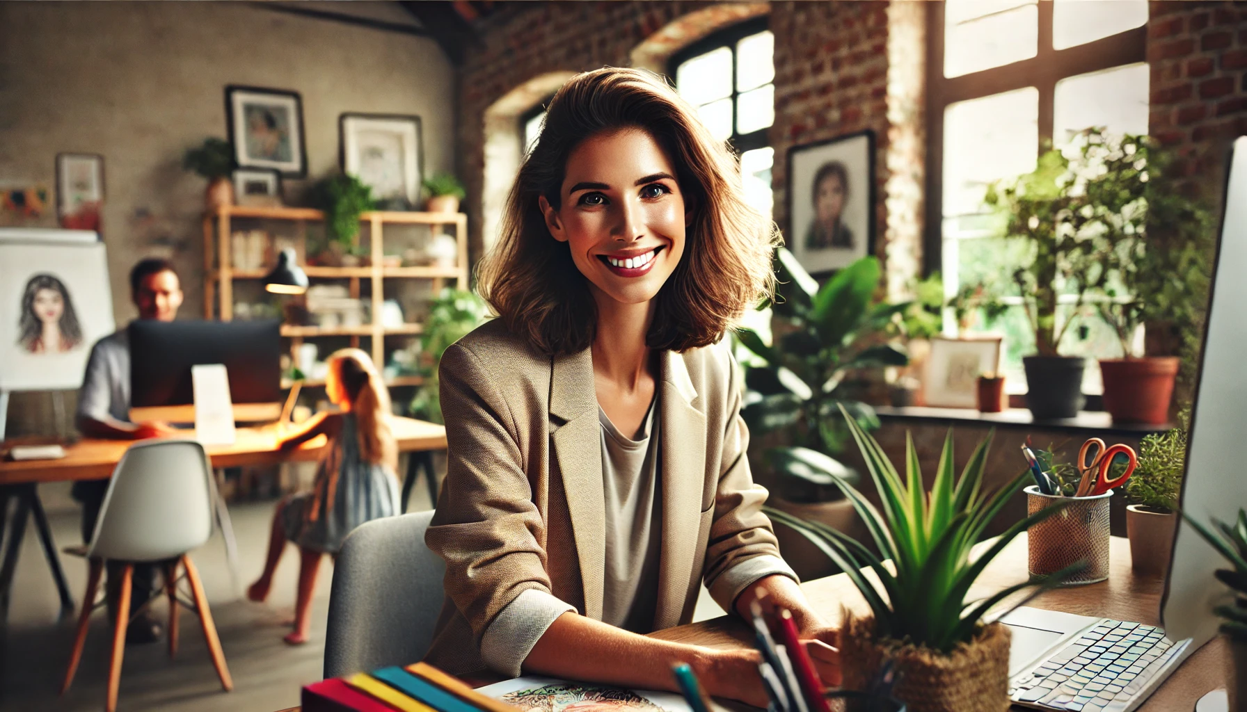 Mulher profissional em escritório moderno, com elementos que refletem o equilíbrio entre maternidade e carreira.