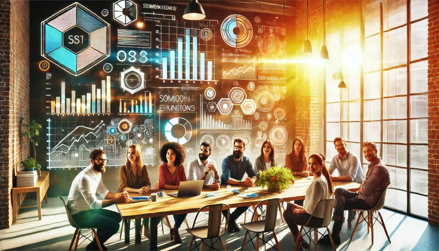 Uma equipe diversa em um ambiente de trabalho moderno, reunida ao redor de uma mesa, mostrando rostos engajados e motivados.