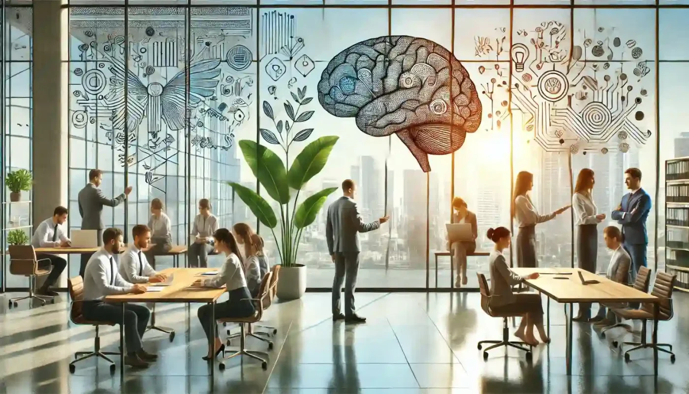 Ambiente de trabalho moderno com profissionais em colaboração, gráficos e um cérebro ilustrado na parede.