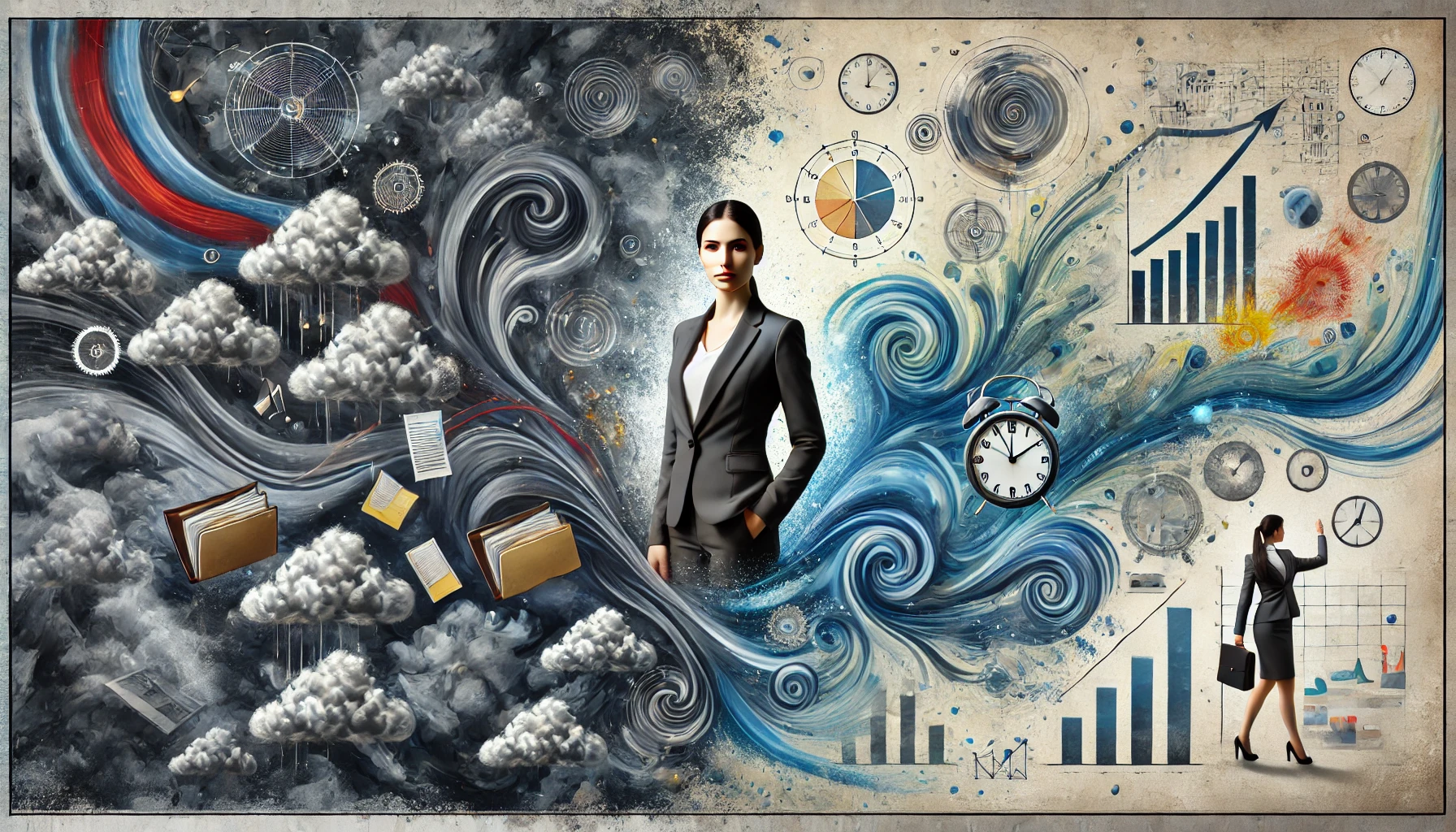 Arte retangular representando resiliência emocional no ambiente corporativo. Uma mulher confiante, com postura determinada, destaca-se no centro da imagem. O fundo transita de um lado caótico, com elementos abstratos como nuvens turvas e papéis dispersos, para outro lado calmo e organizado, com tons claros e serenos.