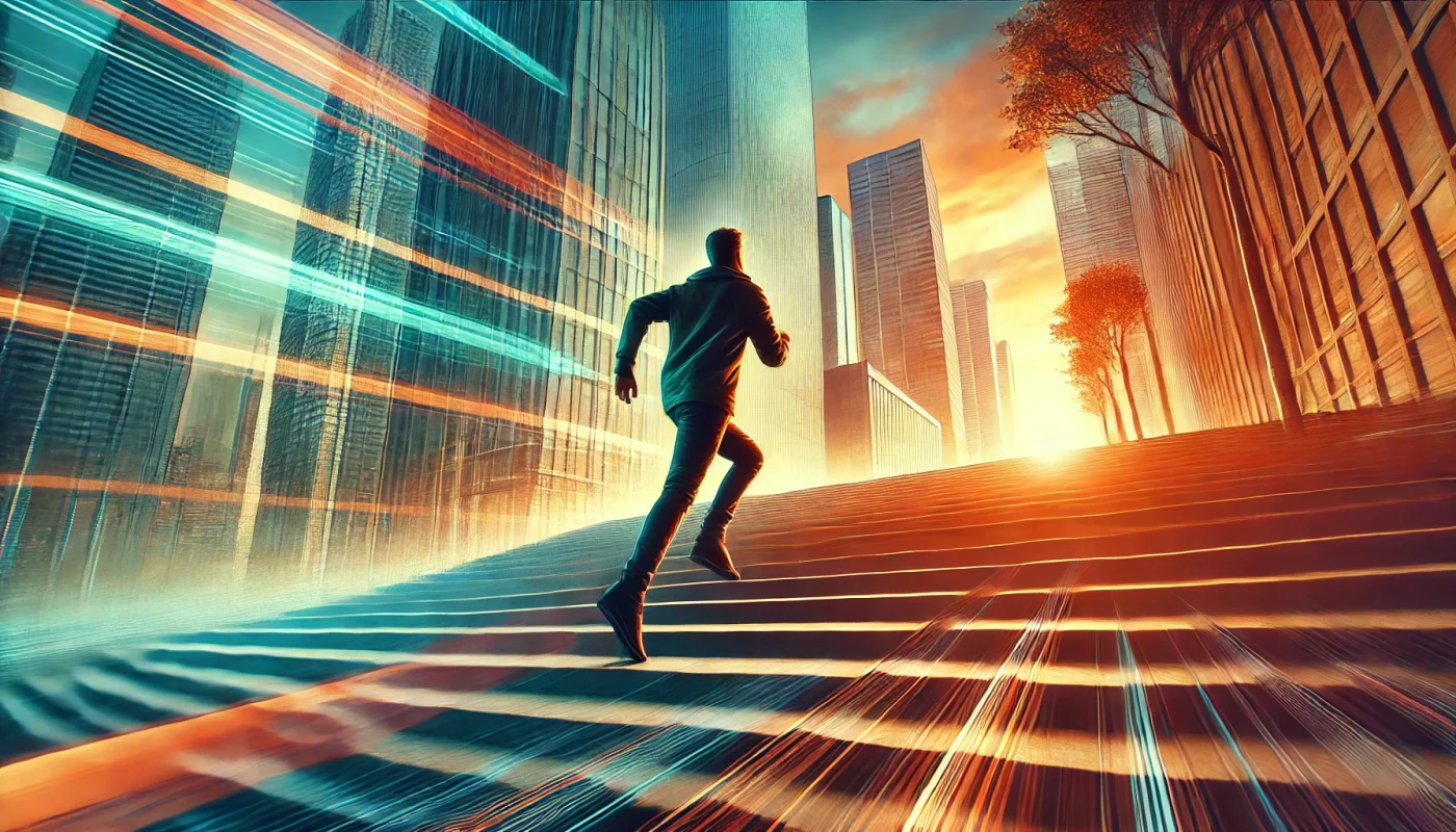 Pessoa em movimento ascendente, simbolizando transformação pessoal e ação concreta, em um cenário urbano com cores vibrantes, refletindo progresso e motivação.