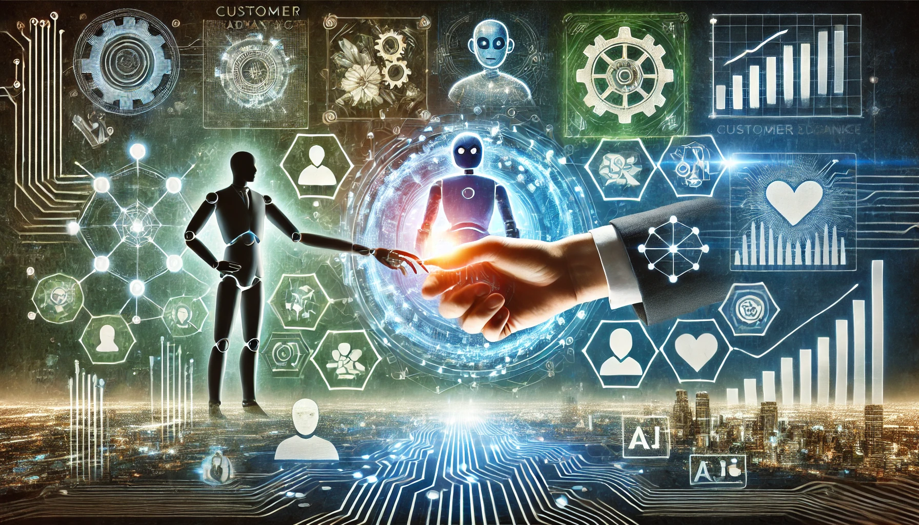 Ilustração moderna mostrando a colaboração entre humanos e tecnologia para melhorar a experiência do cliente, com um aperto de mãos entre uma figura humana e uma mão robótica cercados por hologramas futuristas e dados digitais.