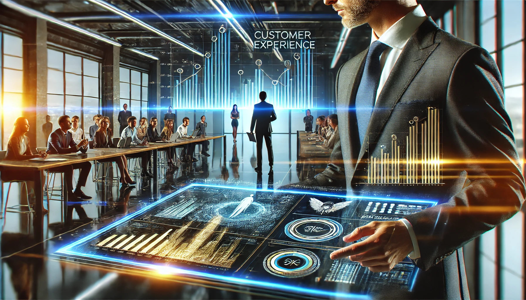 Profissional apresentando resultados de ROI de CX em um telão com colaboradores atentos.