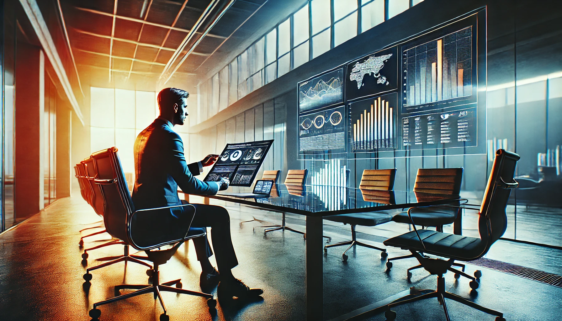 Close cinematográfico de um profissional analisando relatórios detalhados em um escritório moderno, representando colaboração organizacional e experiência do cliente.