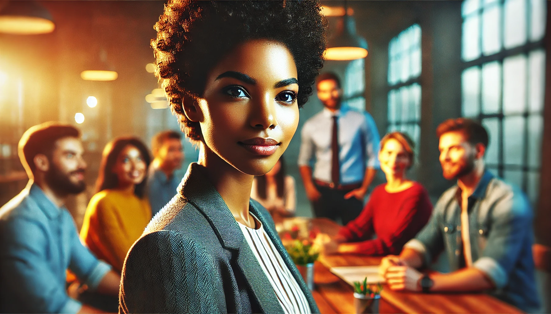 Uma imagem cinematográfica em close-up de uma mulher negra com cabelo curto e cacheado, simbolizando liderança e empatia em um ambiente vibrante de escritório. Ela transmite confiança e motivação enquanto interage com uma equipe colaborativa.