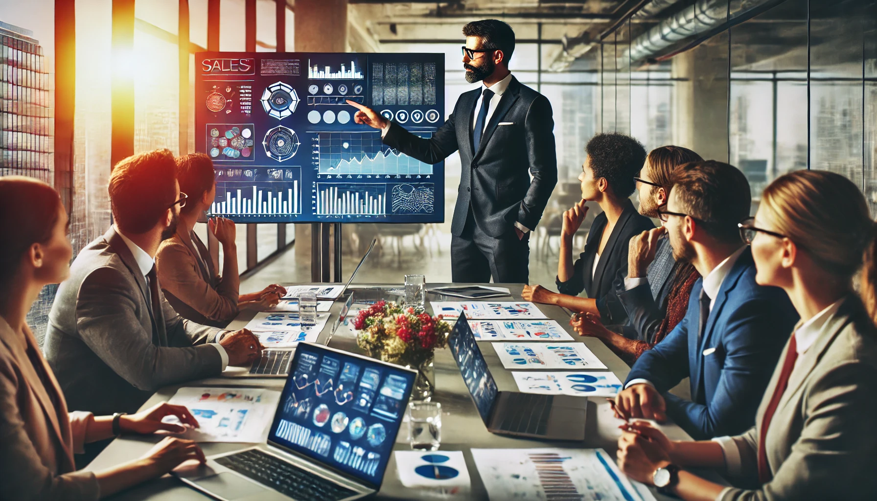 Equipe de vendas reunida em planejamento estratégico com gráficos e laptops