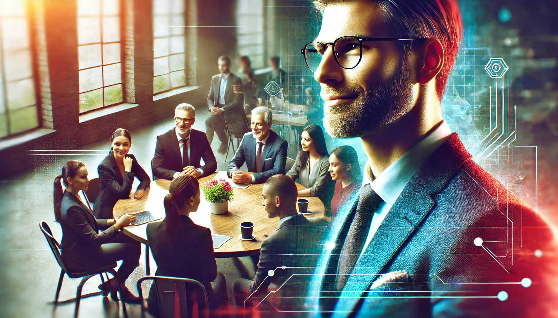 Imagem cinematográfica em close de um líder confiante em um ambiente profissional, rodeado por uma equipe diversa e engajada colaborando ao redor de uma mesa redonda. O líder está falando com expressão motivadora, enquanto o cenário vibrante transmite um ambiente de colaboração e produtividade.