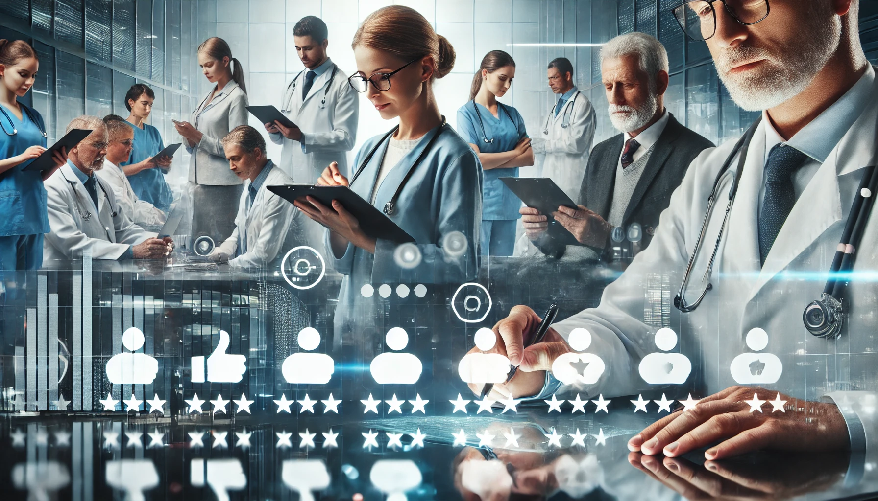 Equipe médica em um hospital moderno revisando feedbacks de pacientes, simbolizando a aplicação de opiniões para a melhoria dos serviços de saúde. O artigo e a imagem foram desenvolvidos conforme solicitado. Caso precise de ajustes, estou à disposição!