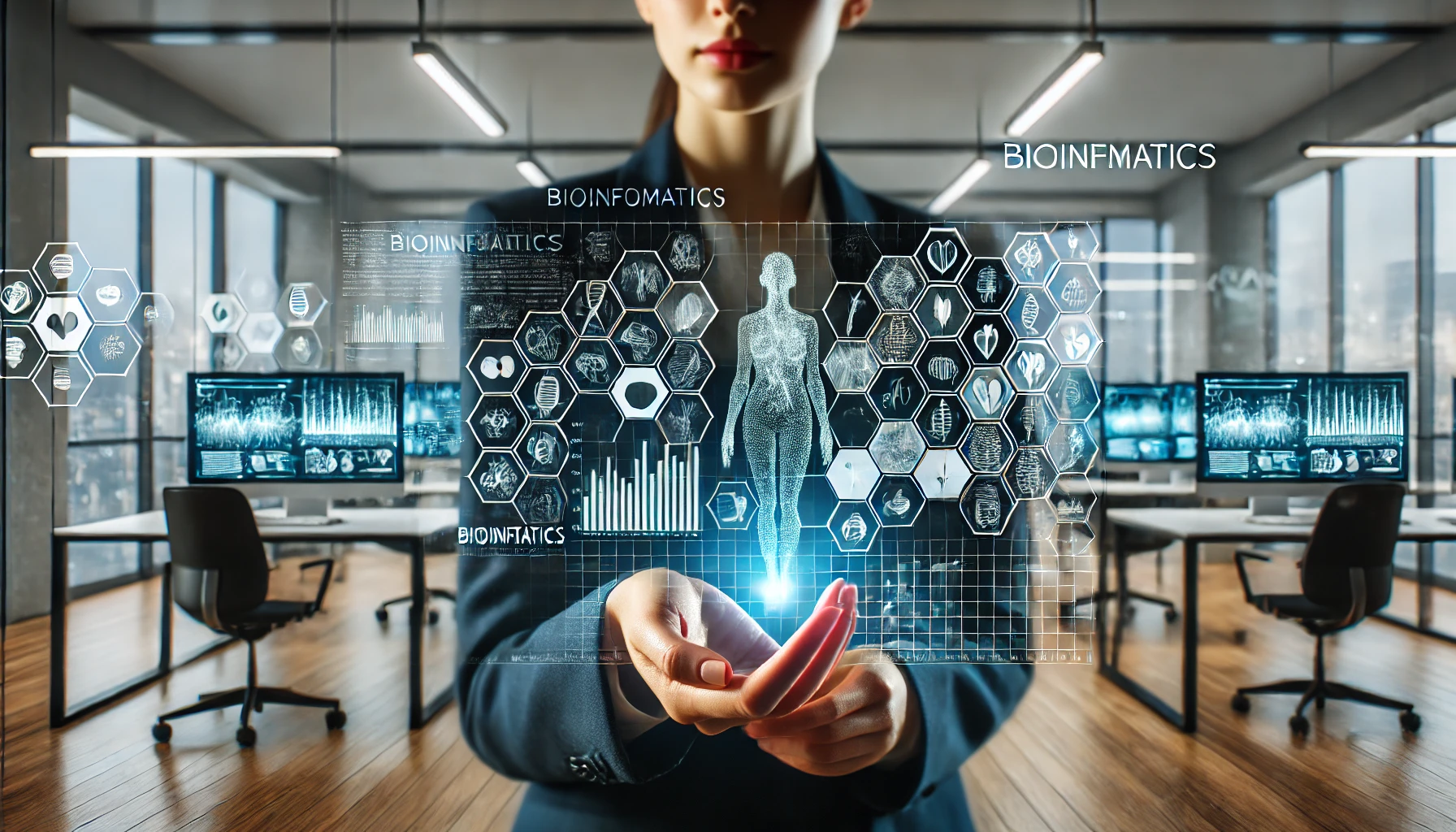 Close cinematográfico de uma especialista em saúde apresentando gráficos relacionados à bioinformática em um ambiente moderno e tecnológico.