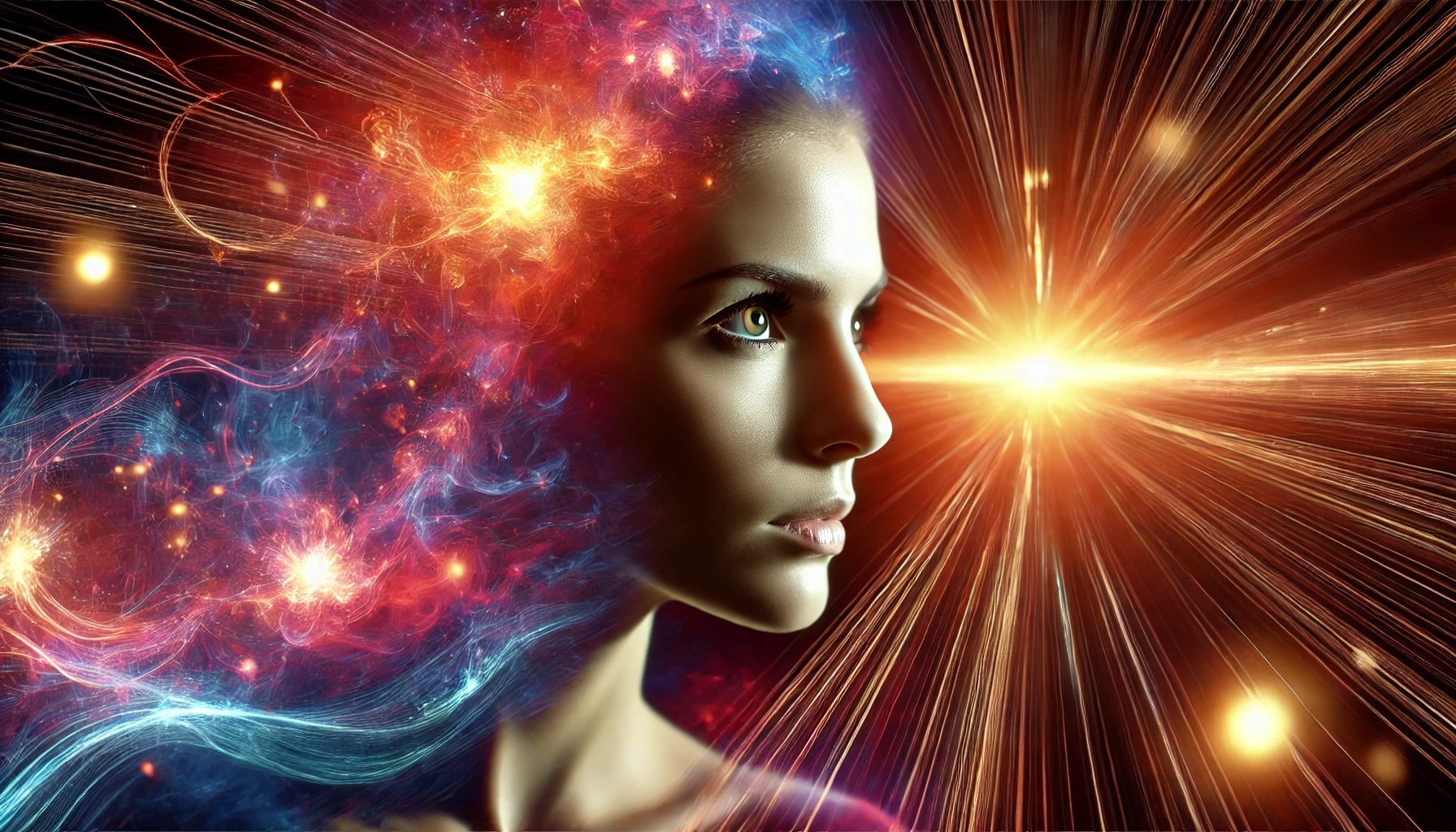 Close cinematográfico de uma mulher com olhar intenso e focado, cercada por uma aura vibrante de luz brilhante, simbolizando o poder da mente. O fundo apresenta ondas abstratas de energia em cores dinâmicas, representando a transformação dos pensamentos.