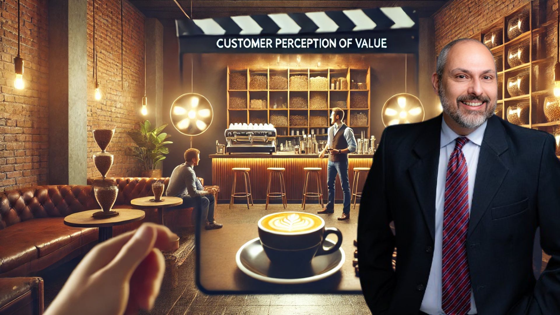 Imagem mostrando um cenário em uma cafeteria elegante com um ambiente acolhedor, decorado com móveis de couro e iluminação suave. Em primeiro plano, uma xícara de café artesanal, enquanto no fundo um cliente interage com um barista. Ao lado direito da imagem, um homem de negócios bem-vestido sorri, representando um especialista ou palestrante sobre o tema de experiências de valor ao cliente.