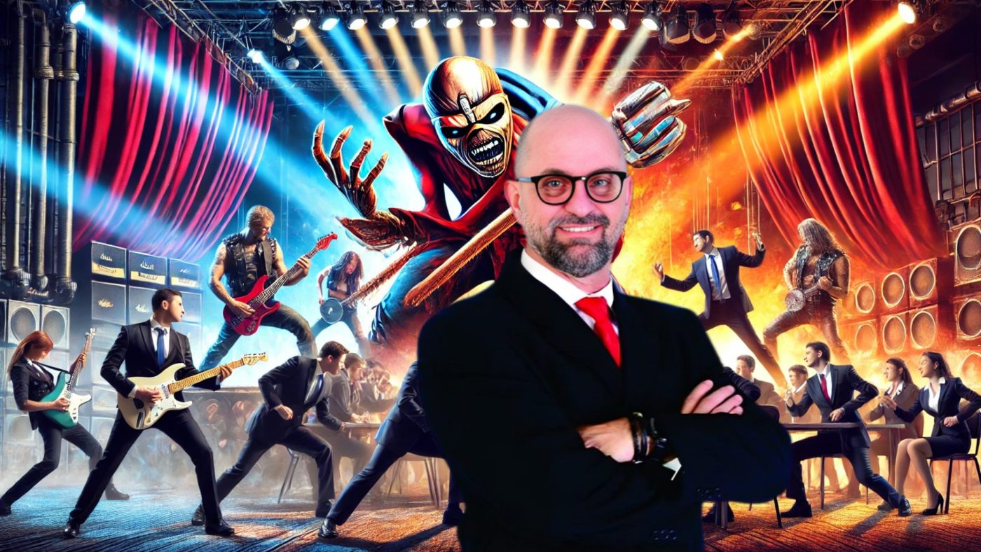 Uma cena impactante, no estilo de um show do Iron Maiden, simbolizando o conceito de motivação além do chão de fábrica. Trabalhadores próximos são retratados como músicos em uma performance energética, enquanto executivos ao fundo discutem sob luzes dramáticas de palco.