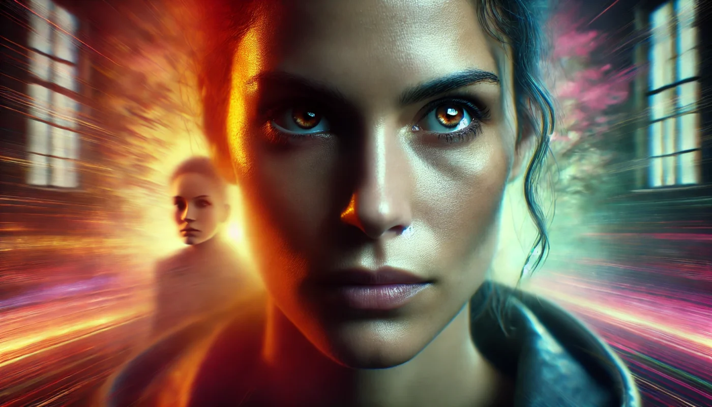 Retrato de uma mulher determinada, iluminada por cores vibrantes, representando resiliência e superação.